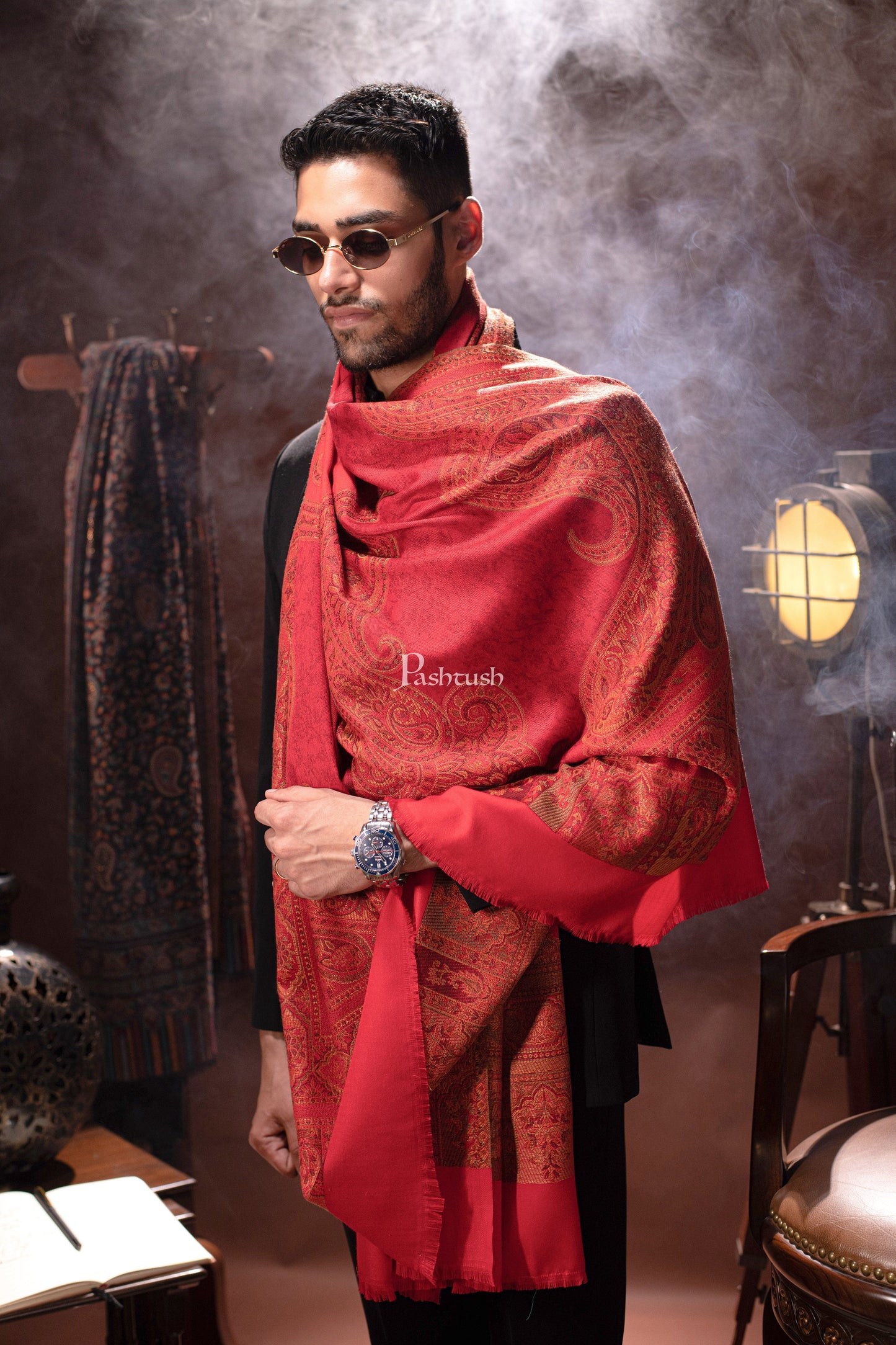Pashtush India Mens Dupatta Pashtush mens Faux Pashmina stole, Ethnic design, Red