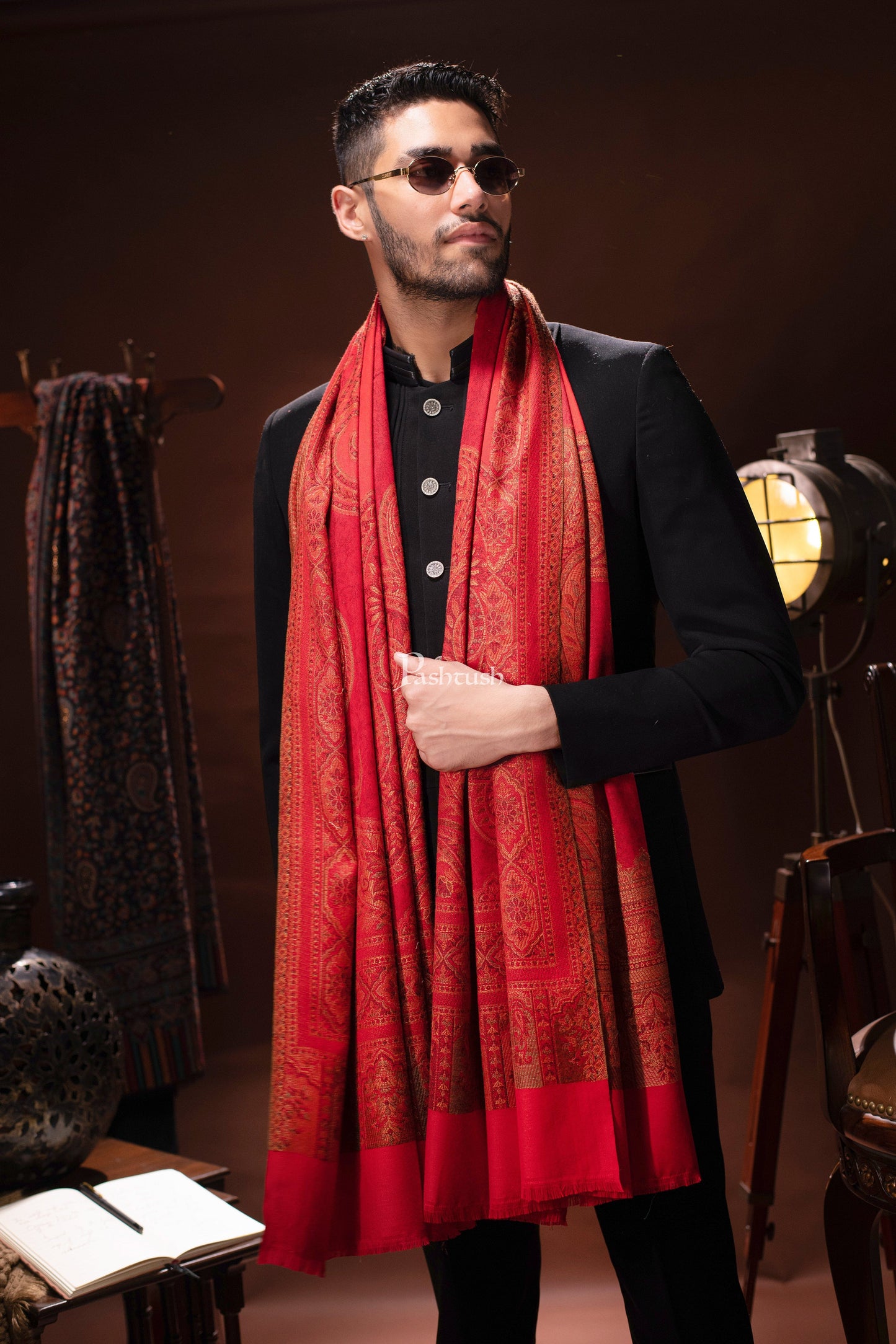 Pashtush India Mens Dupatta Pashtush mens Faux Pashmina stole, Ethnic design, Red