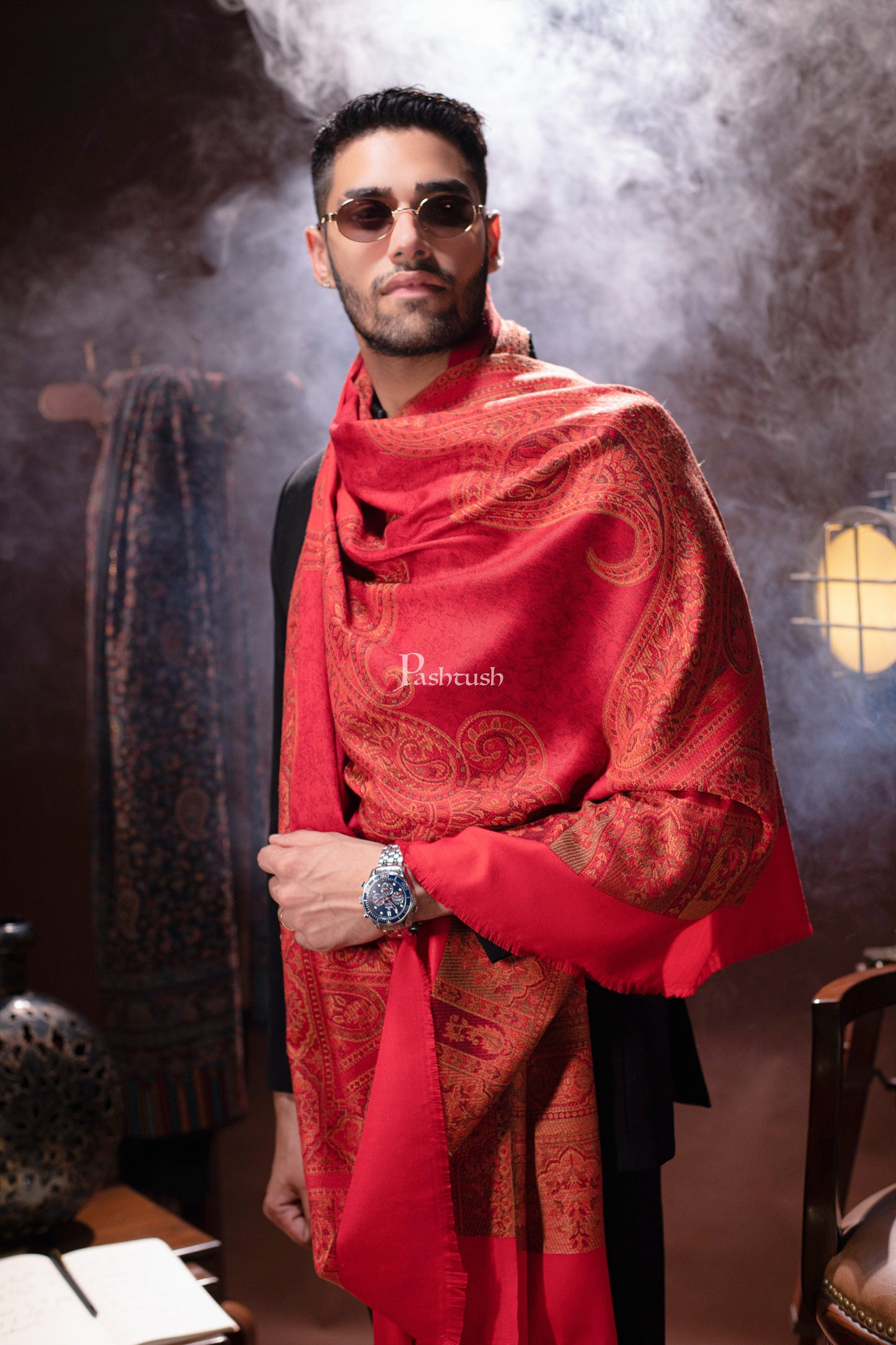 Pashtush India Mens Dupatta Pashtush mens Faux Pashmina stole, Ethnic design, Red