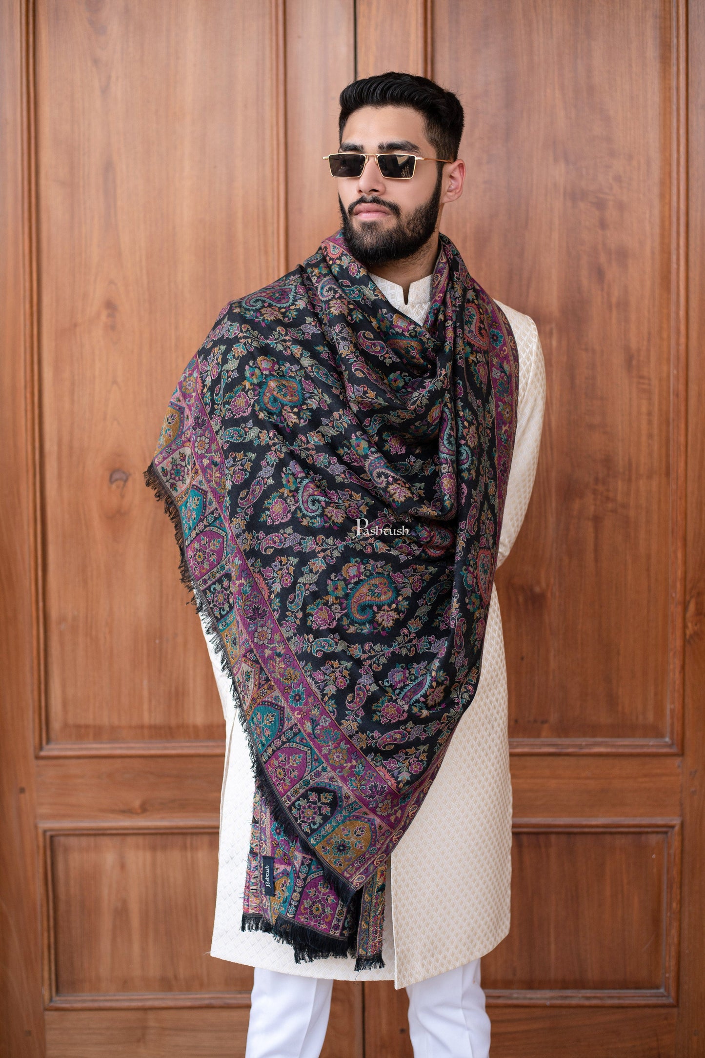 Pashtush India Womens Stoles and Scarves Scarf Pashtush mens faux pashmina stole, ethnic weave design, Black