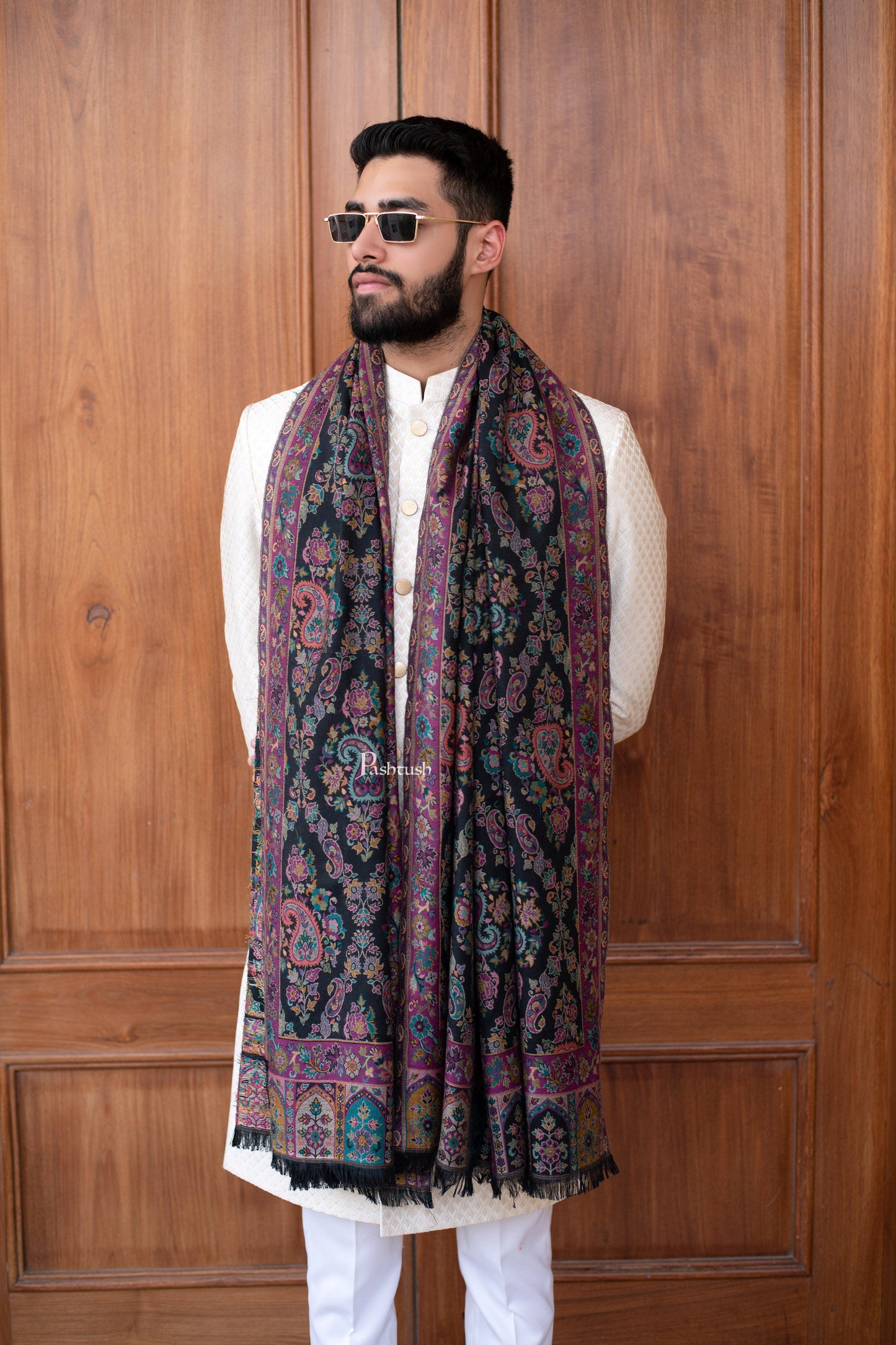 Pashtush India Womens Stoles and Scarves Scarf Pashtush mens faux pashmina stole, ethnic weave design, Black