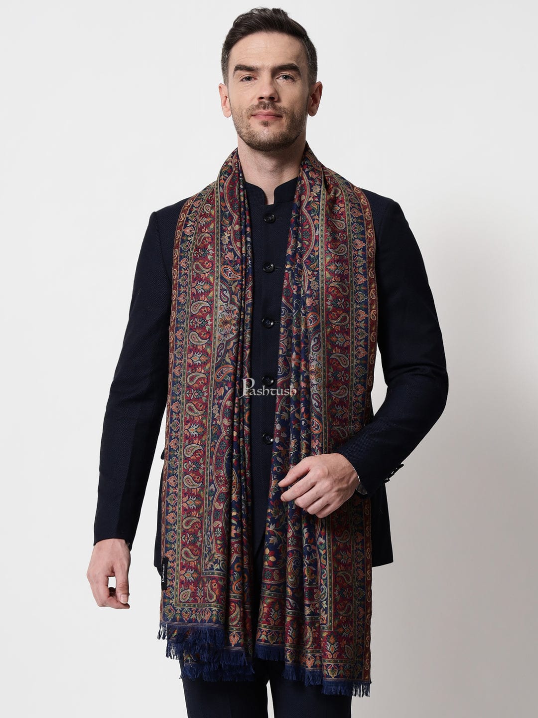 Pashtush India Mens Scarves Stoles and Mufflers Pashtush mens faux pashmina stole, ethnic weave design, Navy Blue