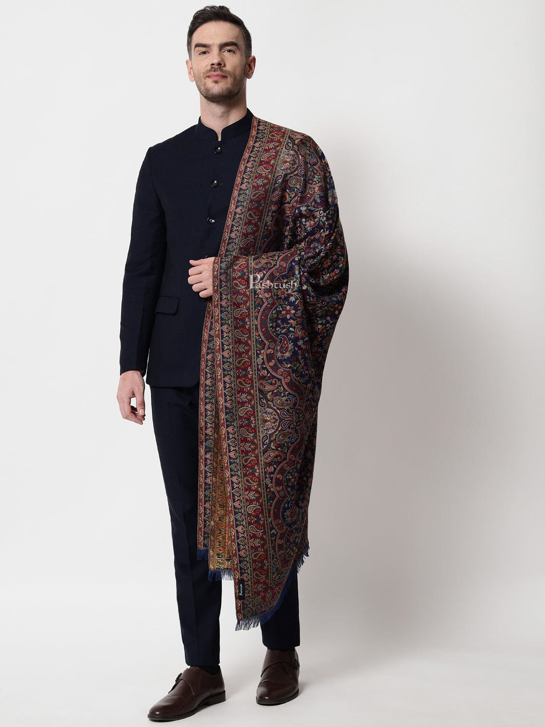 Pashtush India Mens Scarves Stoles and Mufflers Pashtush mens faux pashmina stole, ethnic weave design, Navy Blue