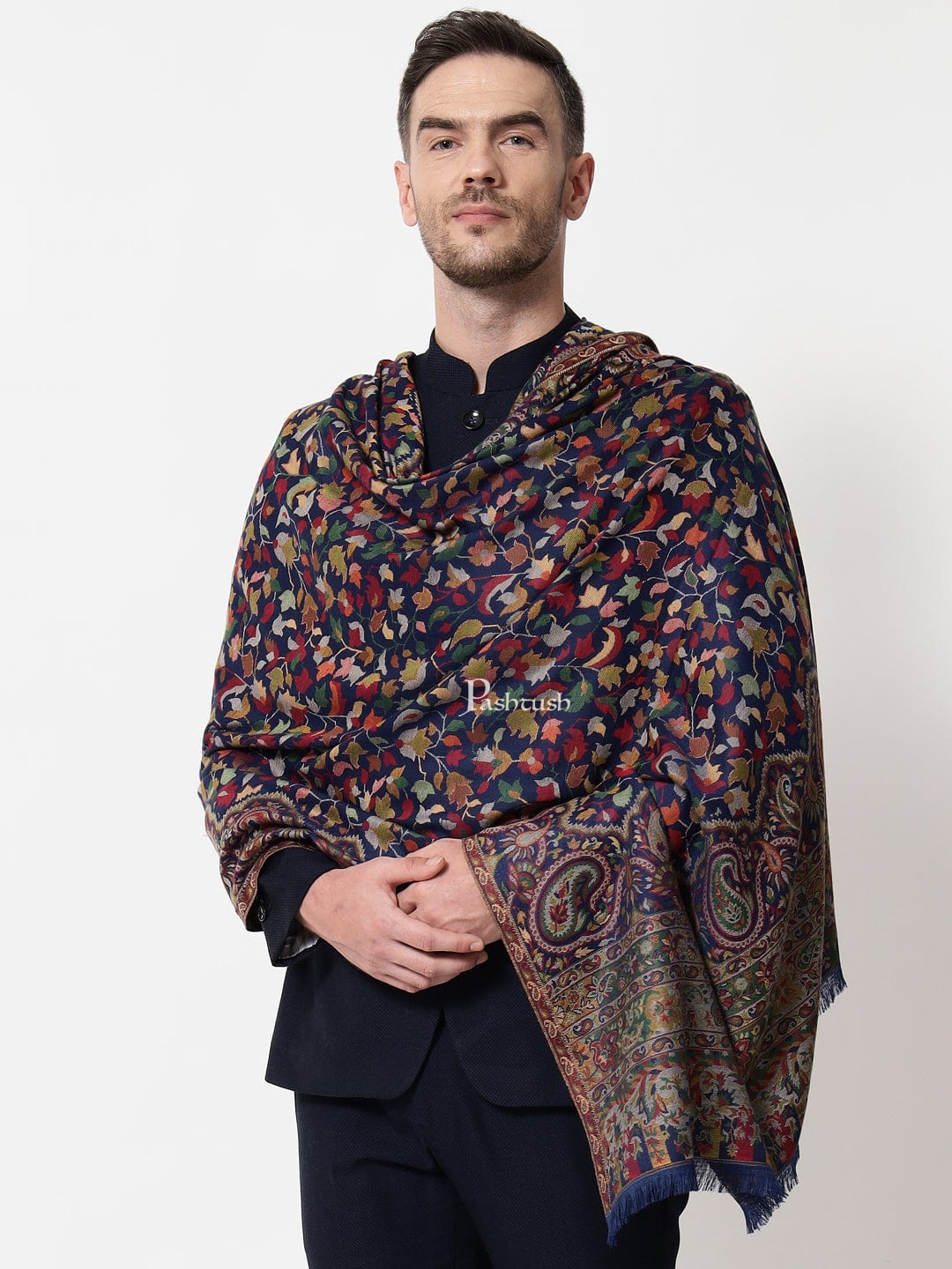 Pashtush India Mens Scarves Stoles and Mufflers Pashtush mens faux pashmina stole, ethnic weave design, Navy Blue