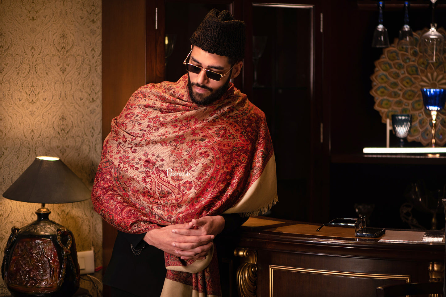 Pashtush India Mens Scarves Stoles and Mufflers Pashtush mens faux pashmina stole, jacquard design, Beige