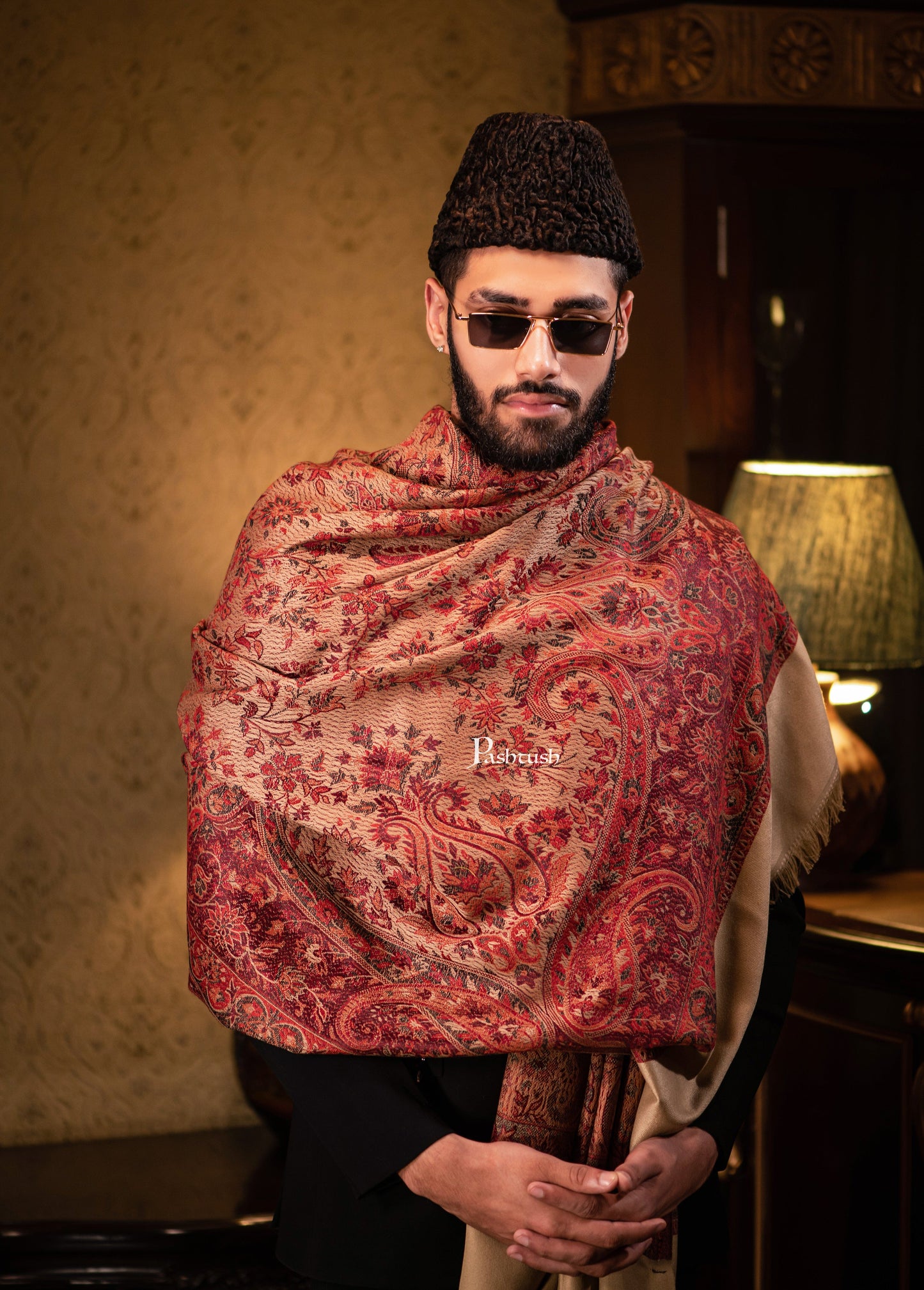 Pashtush India Mens Scarves Stoles and Mufflers Pashtush mens faux pashmina stole, jacquard design, Beige