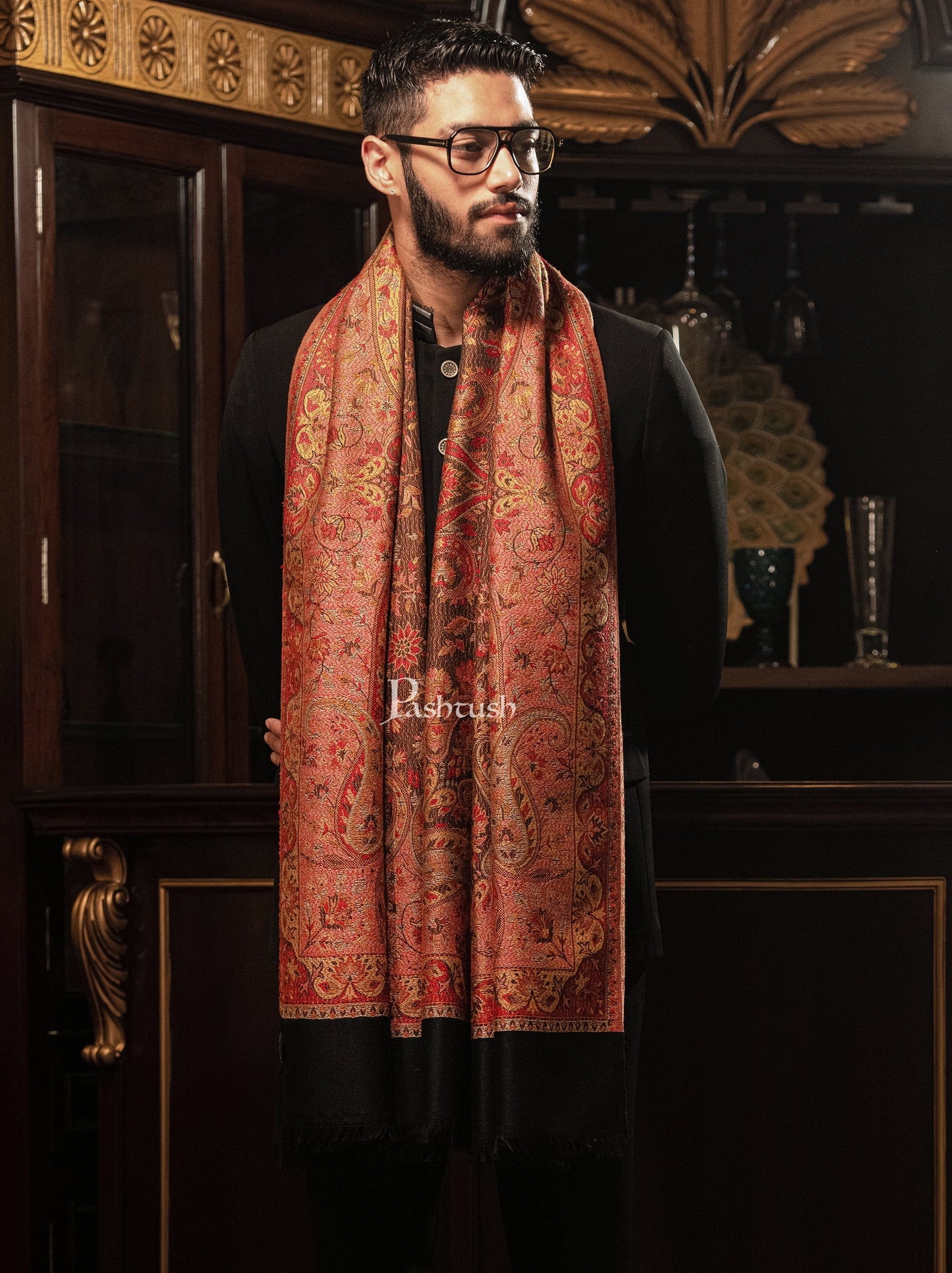 Pashtush India Mens Shawls Gents Shawl Pashtush mens faux pashmina stole, jacquard design, Black