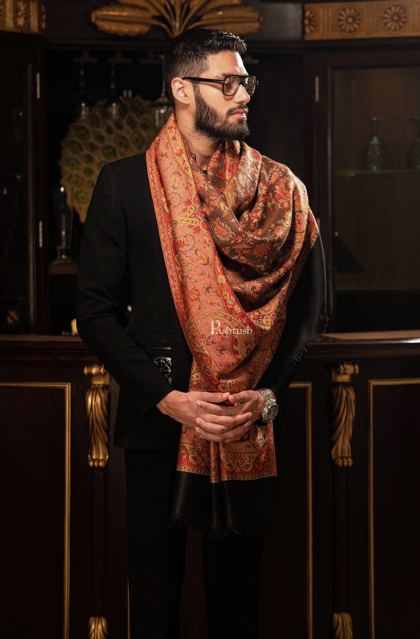 Pashtush India Mens Shawls Gents Shawl Pashtush mens faux pashmina stole, jacquard design, Black