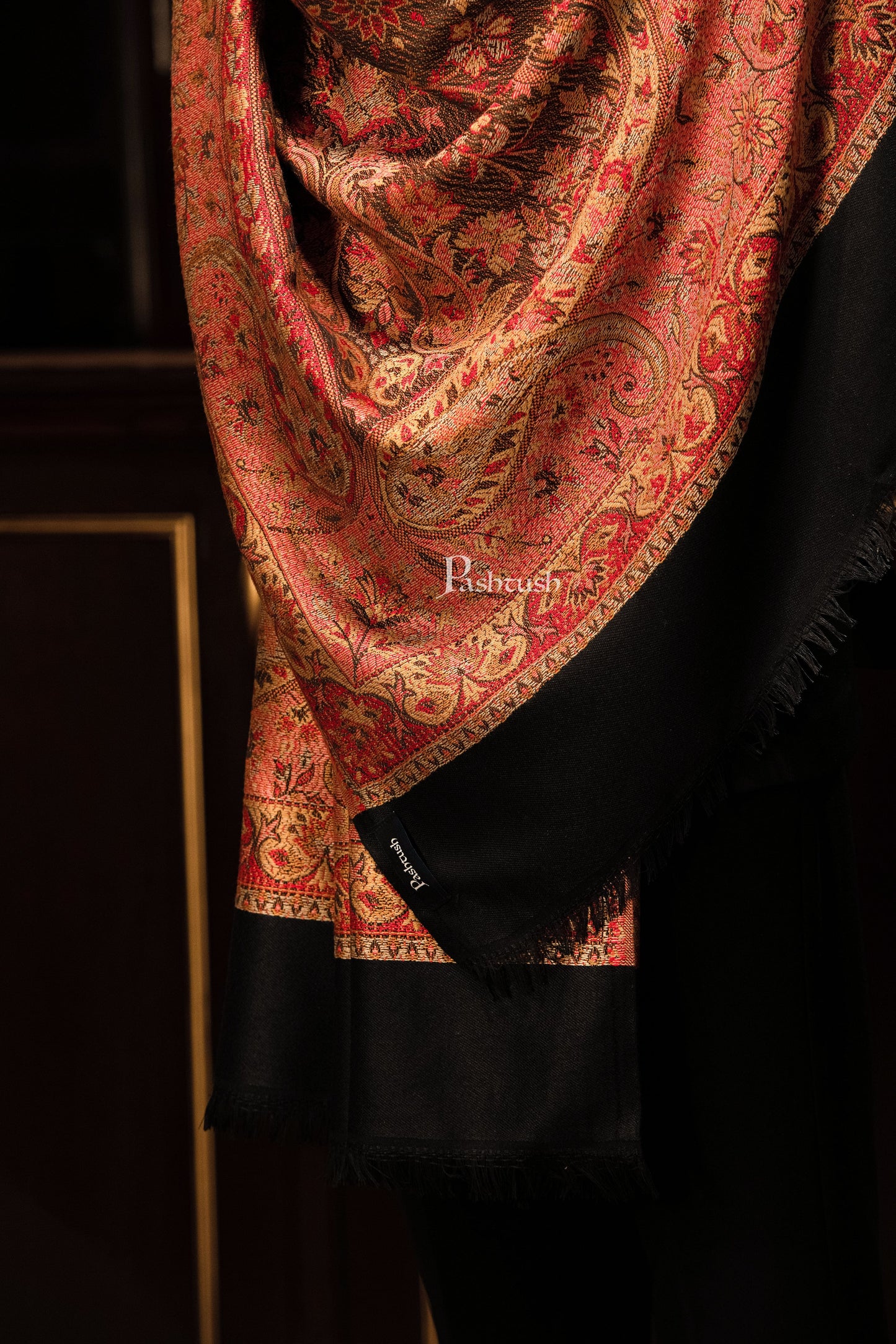Pashtush India Mens Shawls Gents Shawl Pashtush mens faux pashmina stole, jacquard design, Black
