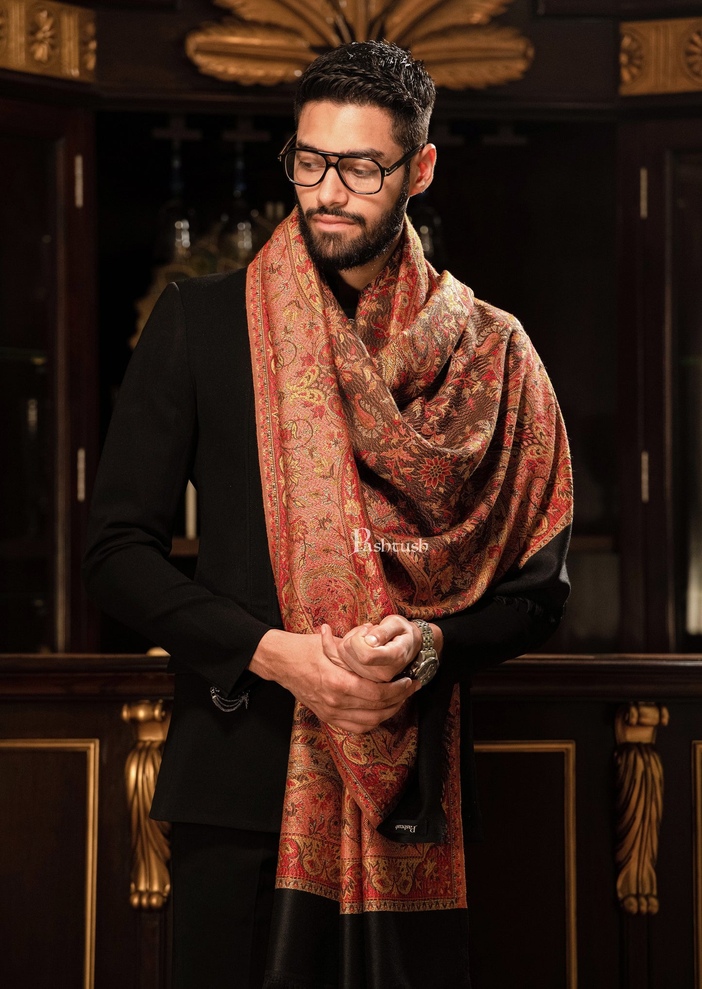 Pashtush India Mens Shawls Gents Shawl Pashtush mens faux pashmina stole, jacquard design, Black