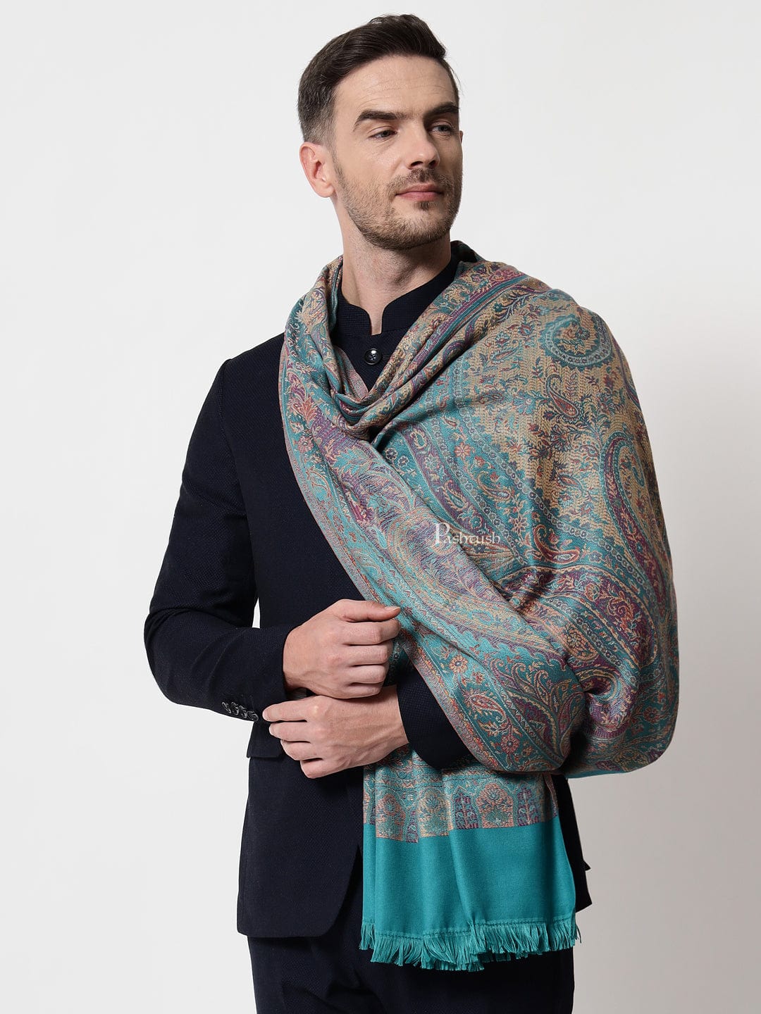 Pashtush India Mens Scarves Stoles and Mufflers Pashtush mens Faux Pashmina stole, jacquard design, Blue