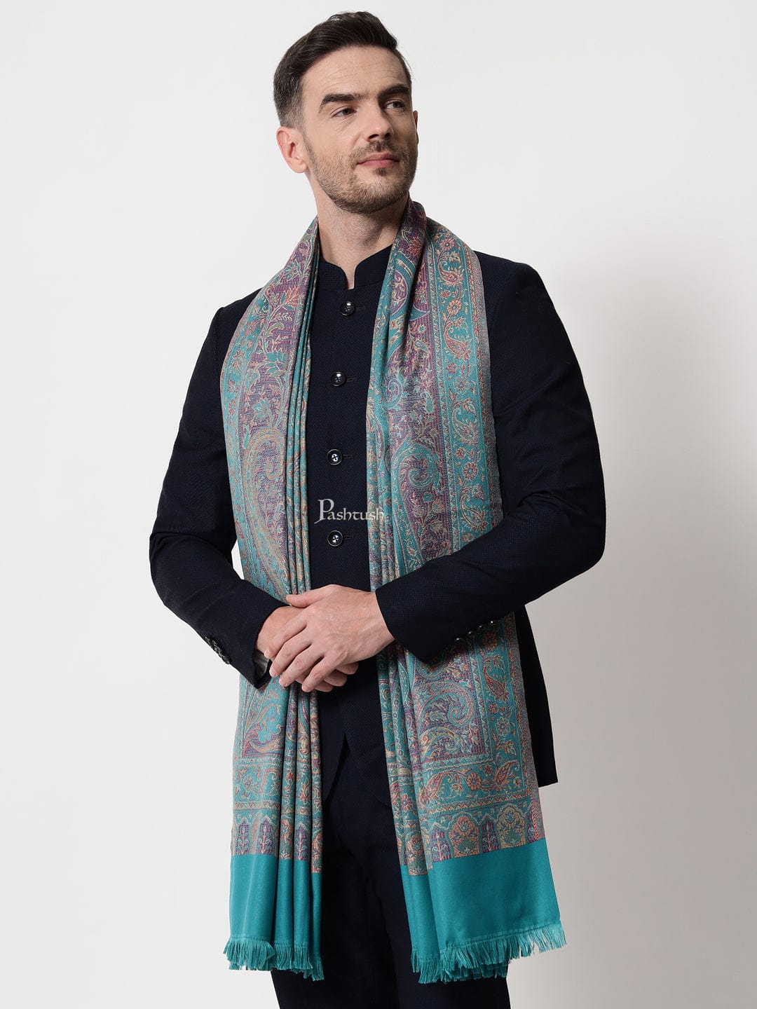 Pashtush India Mens Scarves Stoles and Mufflers Pashtush mens Faux Pashmina stole, jacquard design, Blue