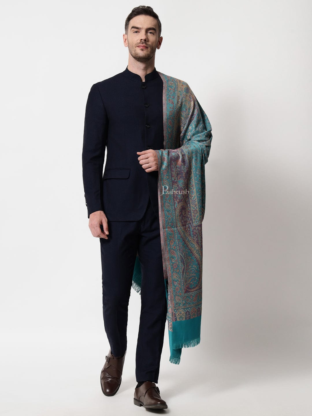 Pashtush India Mens Scarves Stoles and Mufflers Pashtush mens Faux Pashmina stole, jacquard design, Blue