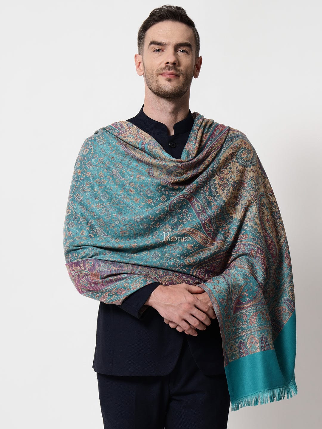 Pashtush India Mens Scarves Stoles and Mufflers Pashtush mens Faux Pashmina stole, jacquard design, Blue