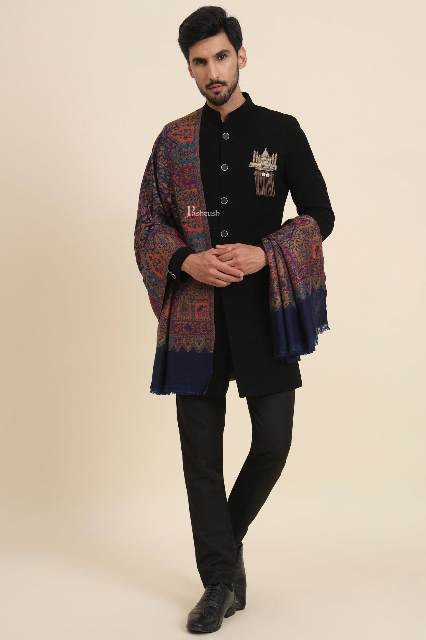 Pashtush India Mens Scarves Stoles and Mufflers Pashtush Mens Faux Pashmina Stole, Jamawar Design, Blue