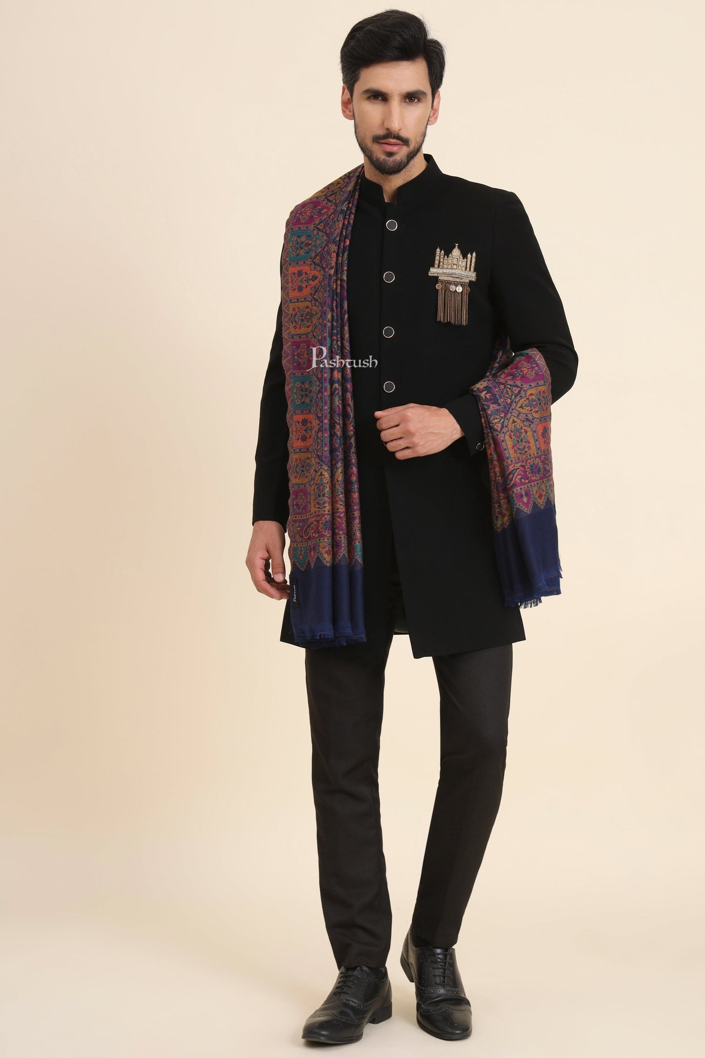 Pashtush India Mens Scarves Stoles and Mufflers Pashtush Mens Faux Pashmina Stole, Jamawar Design, Blue