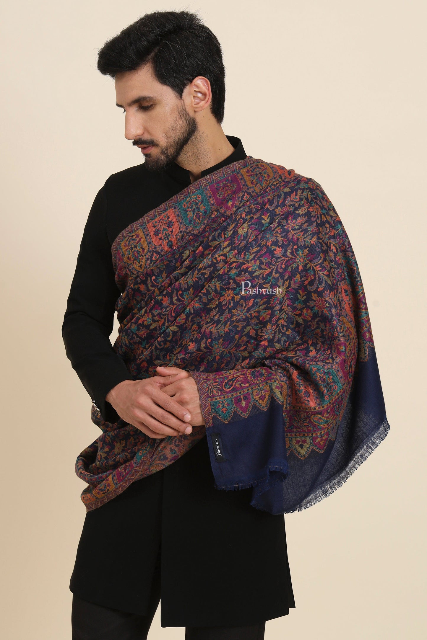 Pashtush India Mens Scarves Stoles and Mufflers Pashtush Mens Faux Pashmina Stole, Jamawar Design, Blue