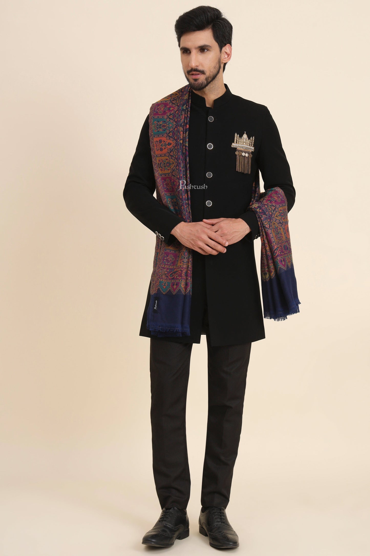 Pashtush India Mens Scarves Stoles and Mufflers Pashtush Mens Faux Pashmina Stole, Jamawar Design, Blue