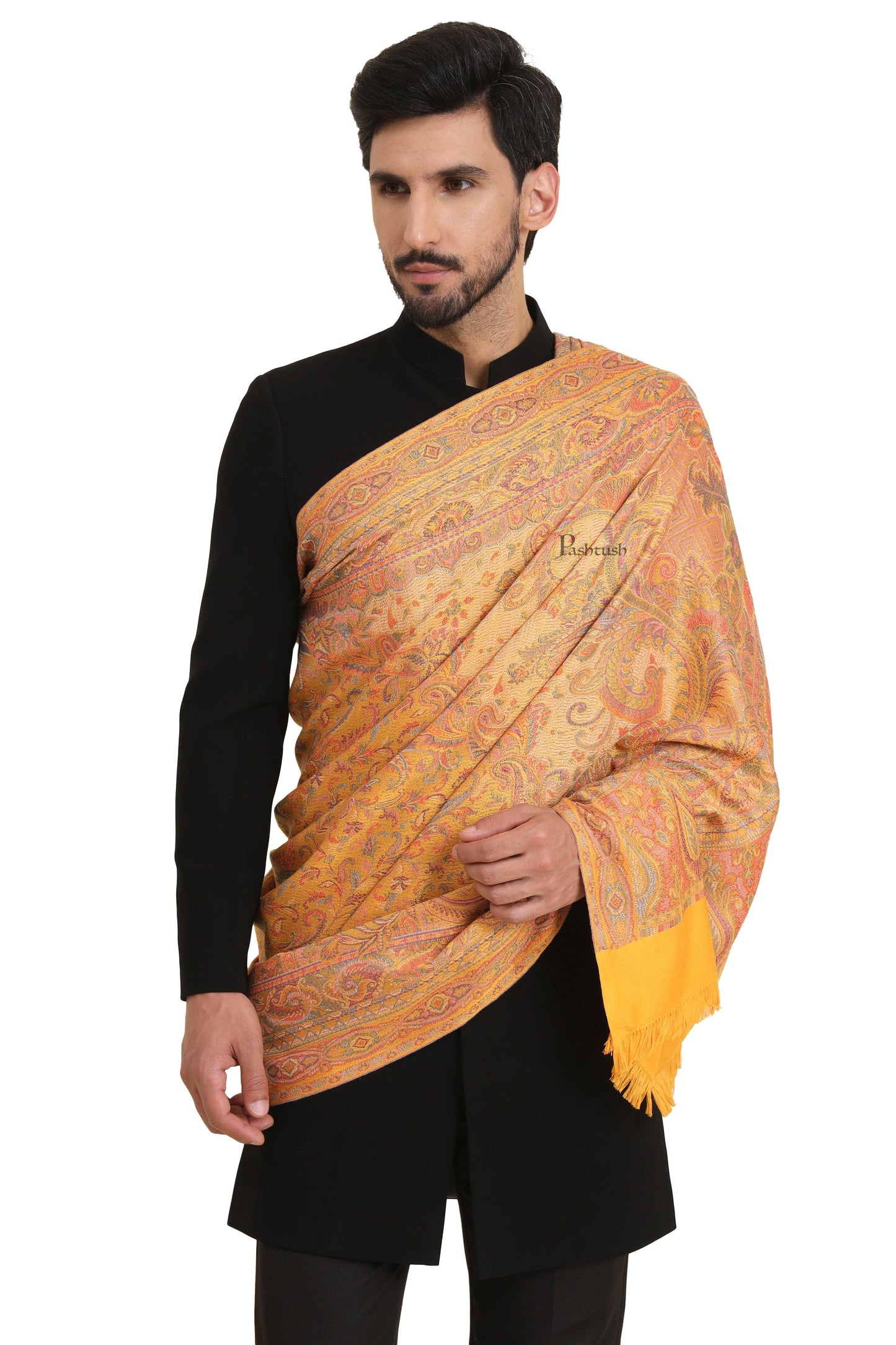 Pashtush India Mens Scarves Stoles and Mufflers Pashtush Mens Faux Pashmina Stole, Jamawar Design, Mustard
