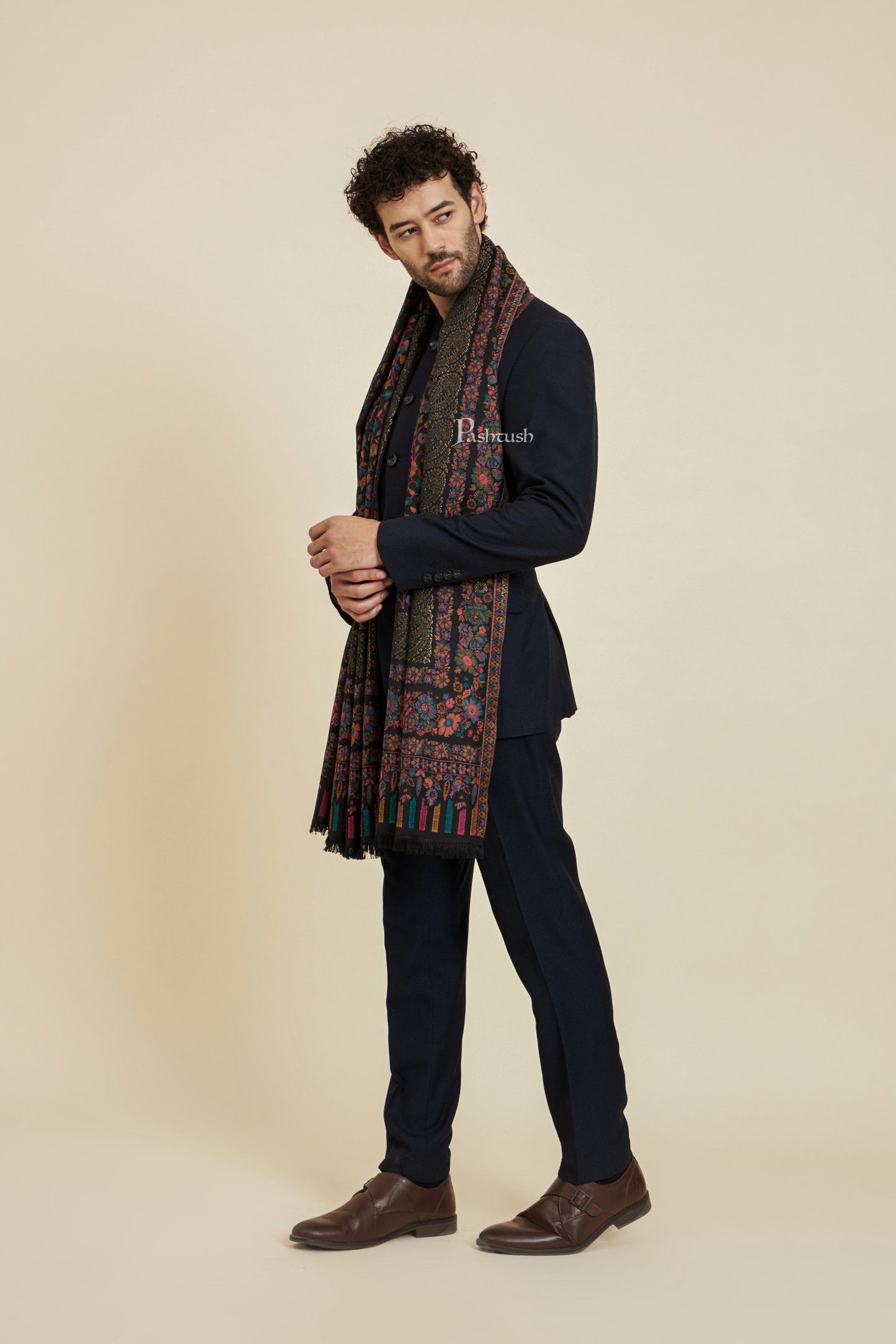 Pashtush India Mens Scarves Stoles and Mufflers Pashtush Mens Faux Pashmina Stole, Metallic Zari Border Design, Black