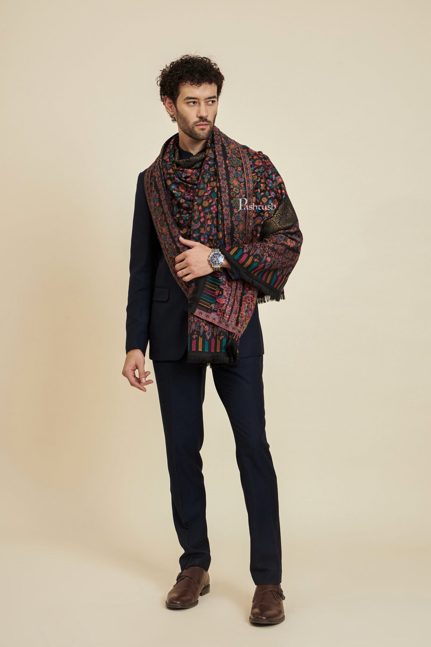 Pashtush India Mens Scarves Stoles and Mufflers Pashtush Mens Faux Pashmina Stole, Metallic Zari Border Design, Black