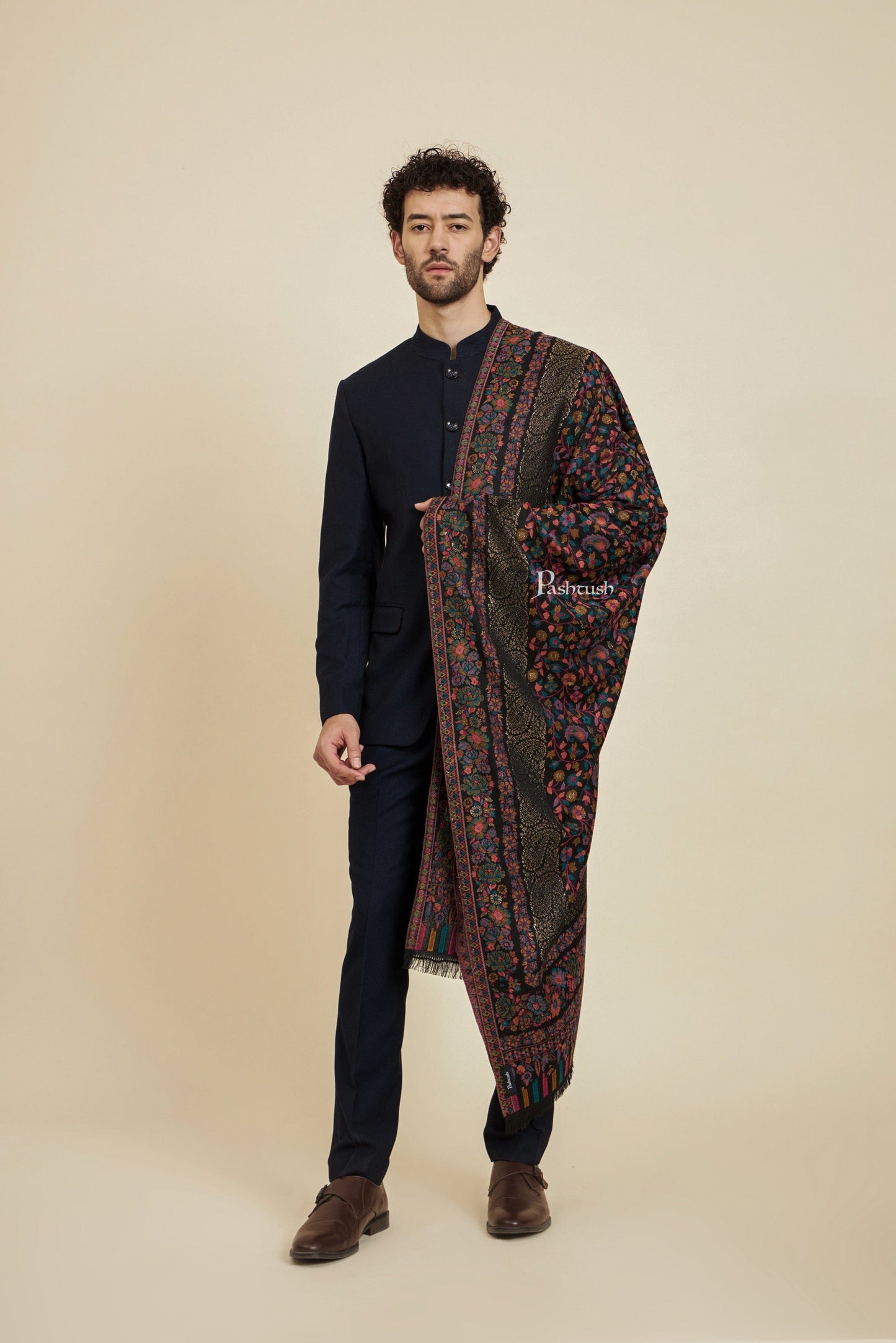 Pashtush India Mens Scarves Stoles and Mufflers Pashtush Mens Faux Pashmina Stole, Metallic Zari Border Design, Black