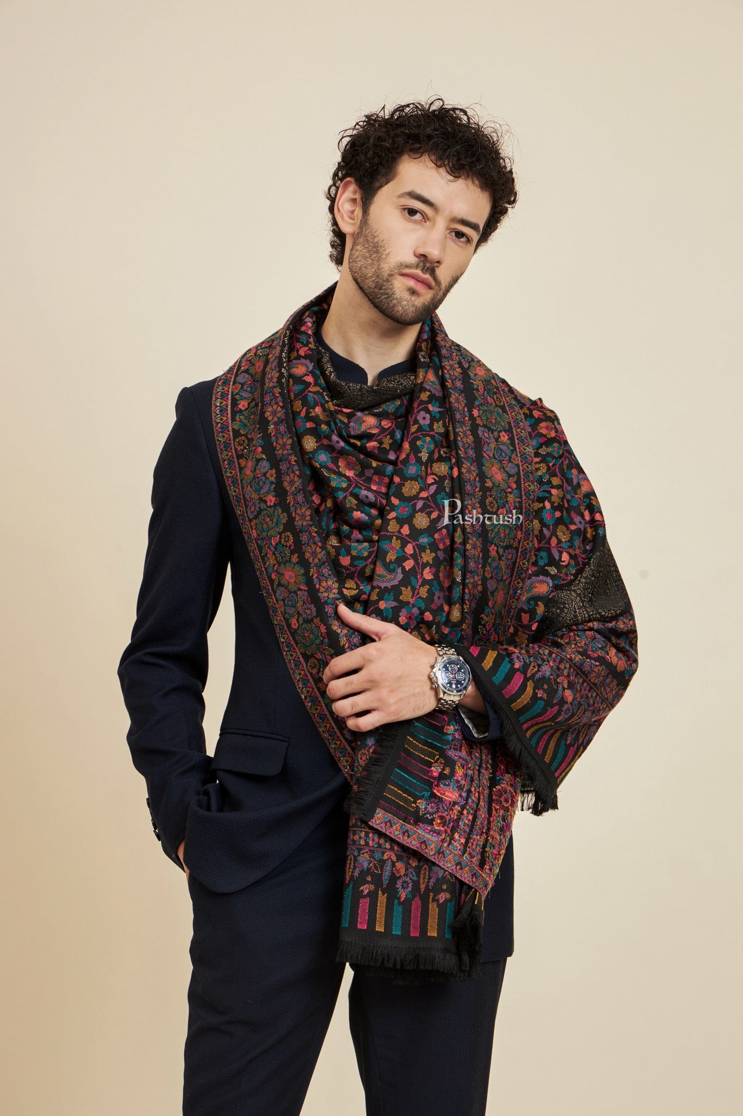 Pashtush India Mens Scarves Stoles and Mufflers Pashtush Mens Faux Pashmina Stole, Metallic Zari Border Design, Black