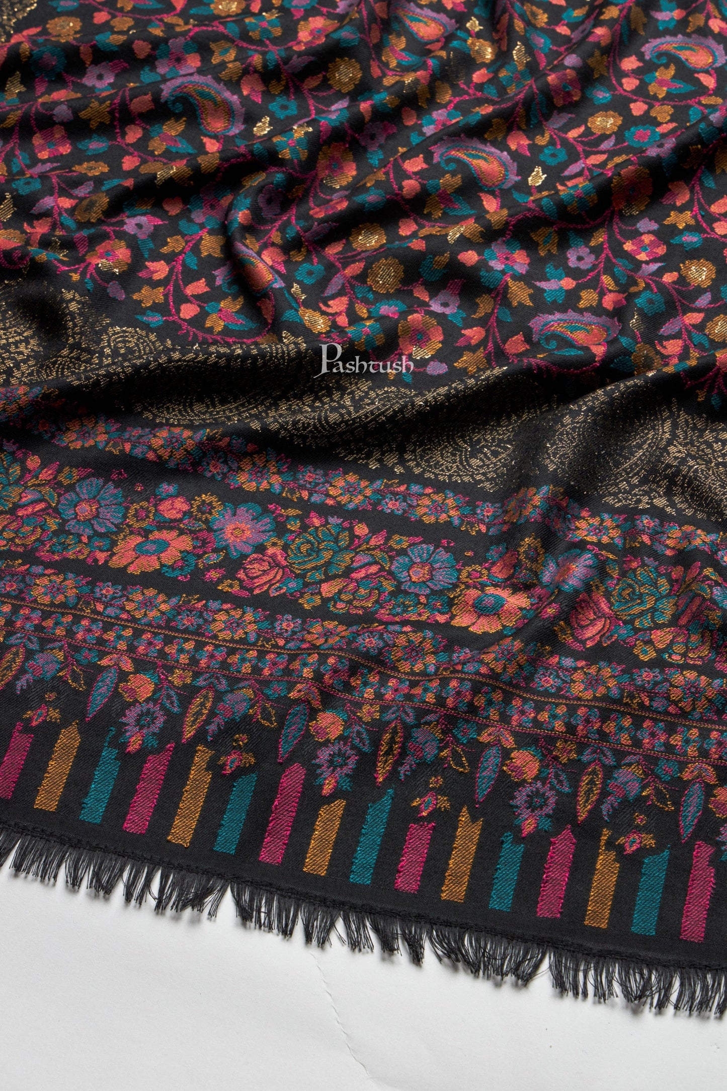 Pashtush India Mens Scarves Stoles and Mufflers Pashtush Mens Faux Pashmina Stole, Metallic Zari Border Design, Black