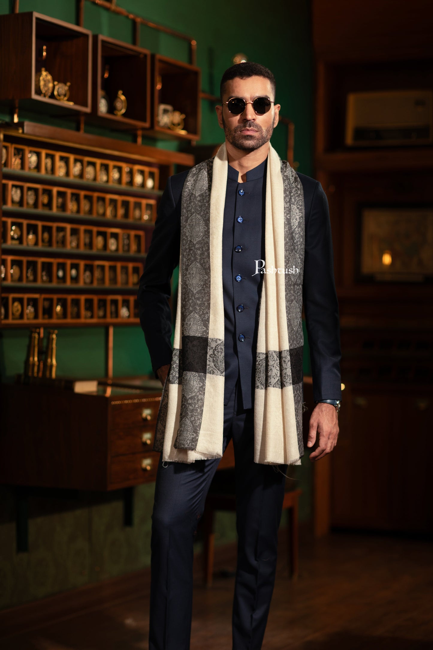 Pashtush India Mens Scarves Stoles and Mufflers Pashtush Mens Faux Pashmina Stole, Stripe Design, Beige