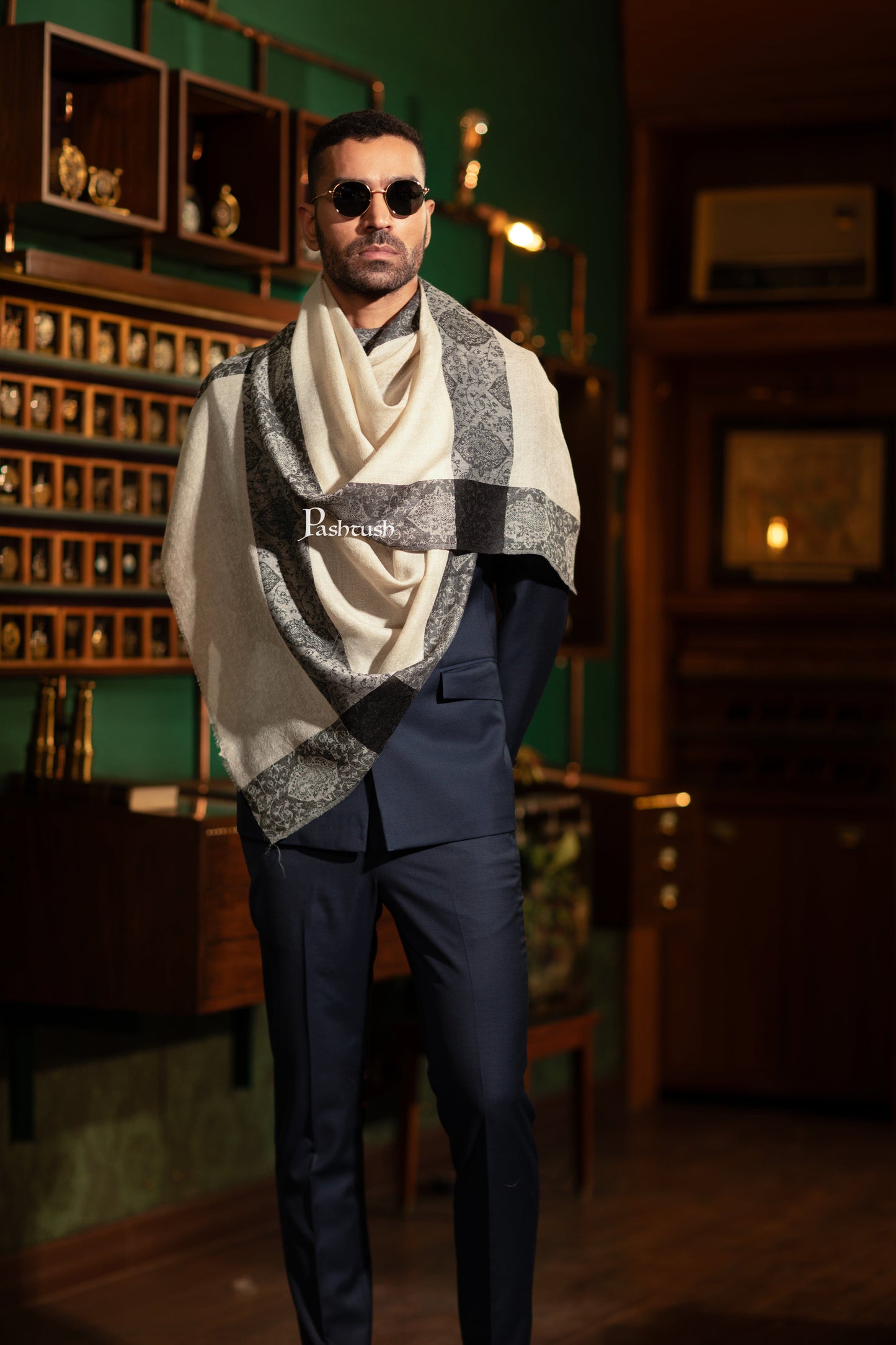 Pashtush India Mens Scarves Stoles and Mufflers Pashtush Mens Faux Pashmina Stole, Stripe Design, Beige