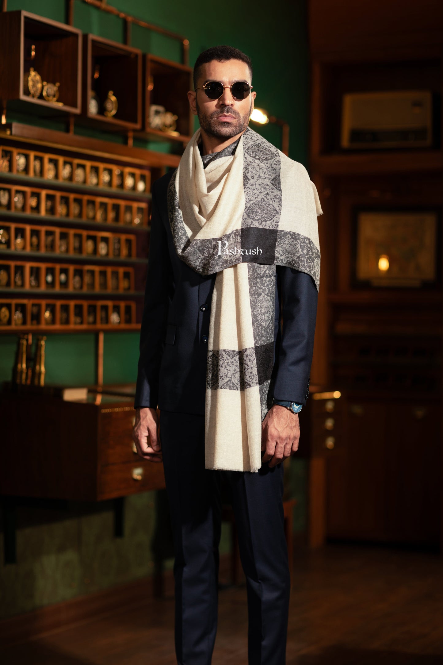Pashtush India Mens Scarves Stoles and Mufflers Pashtush Mens Faux Pashmina Stole, Stripe Design, Beige
