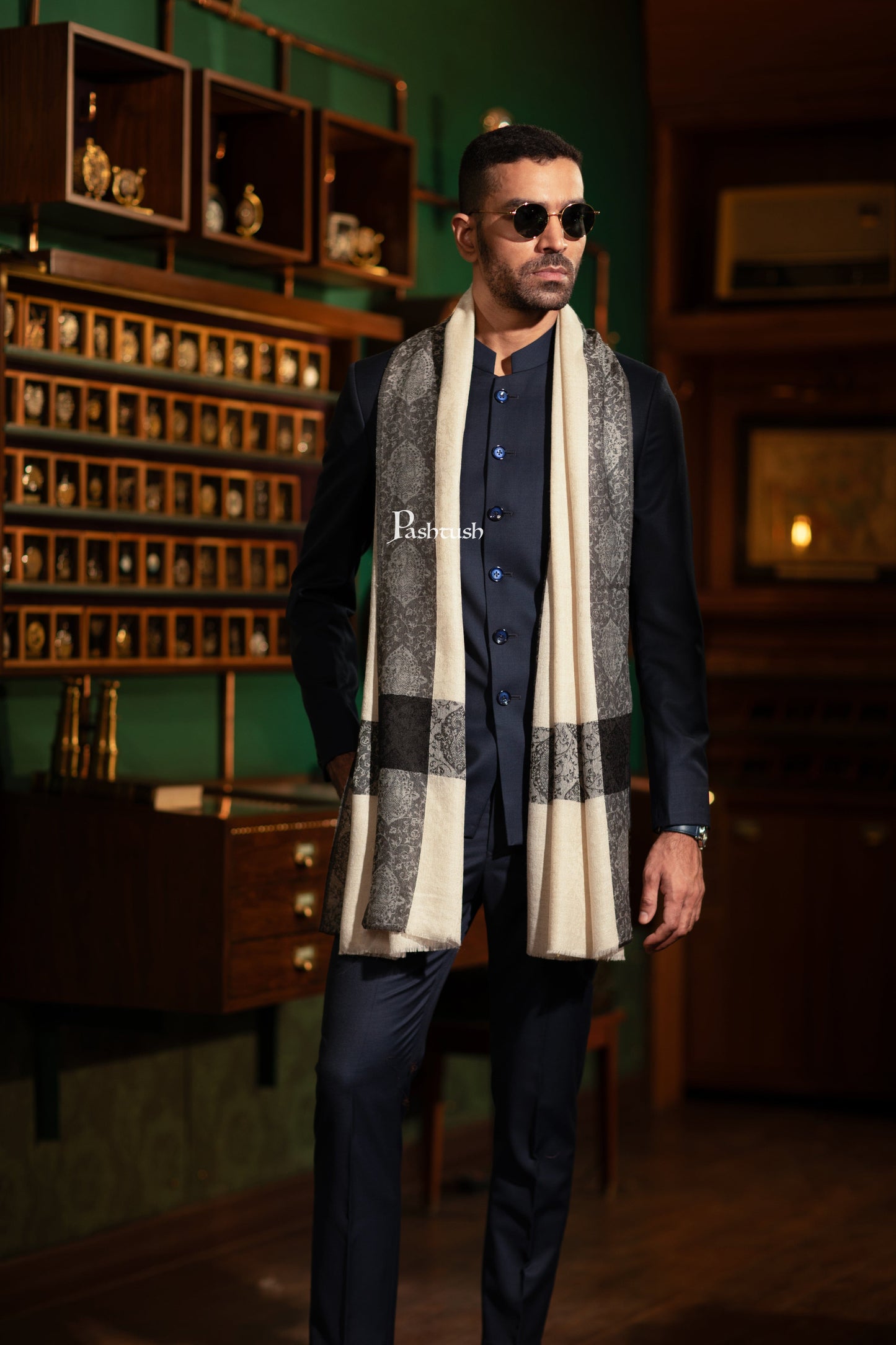 Pashtush India Mens Scarves Stoles and Mufflers Pashtush Mens Faux Pashmina Stole, Stripe Design, Beige