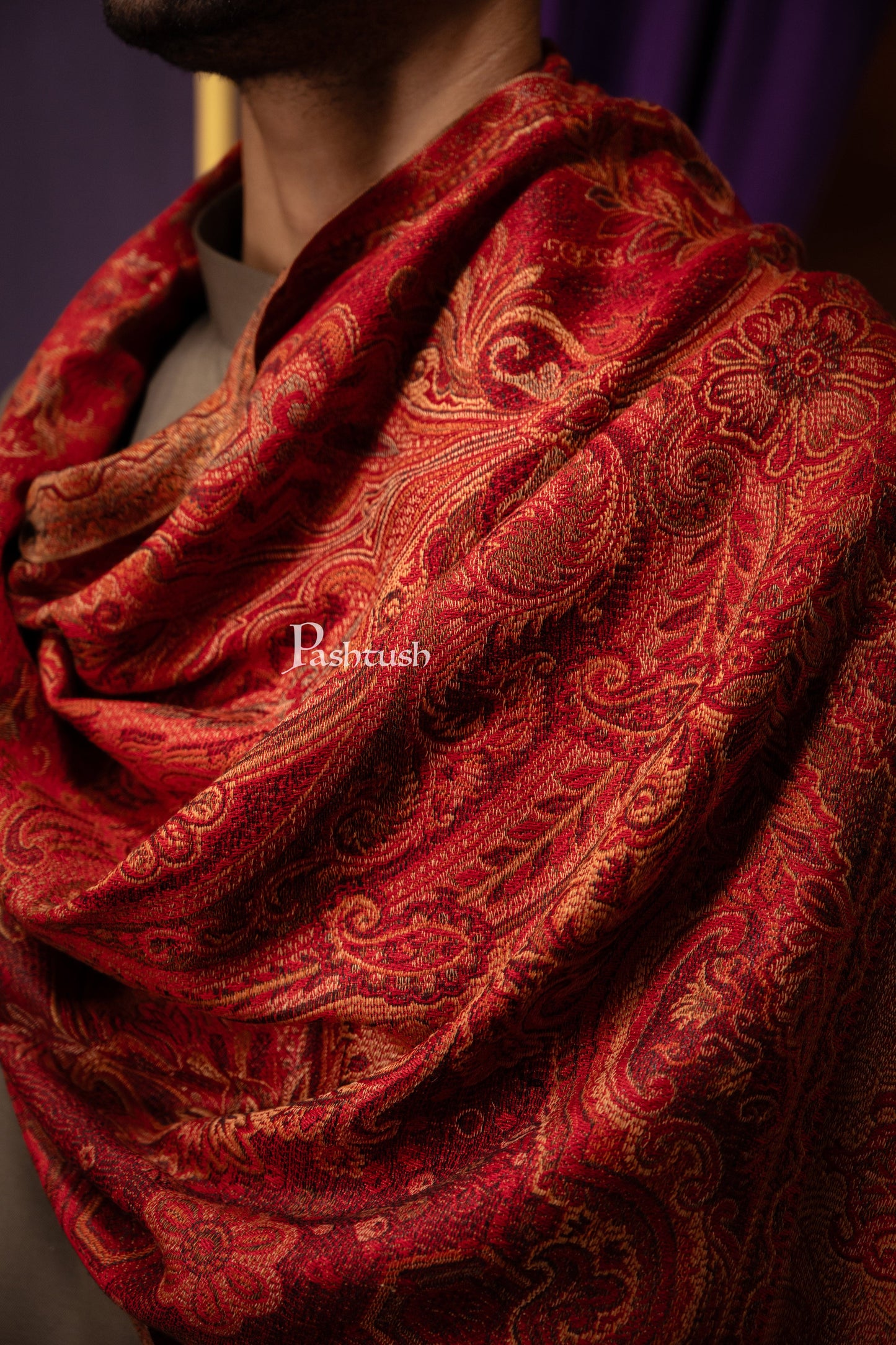 Pashtush India Mens Stoles and Scarves Scarf Pashtush Mens Faux Pashmina Stole, Woven Jamawar Design, Maroon