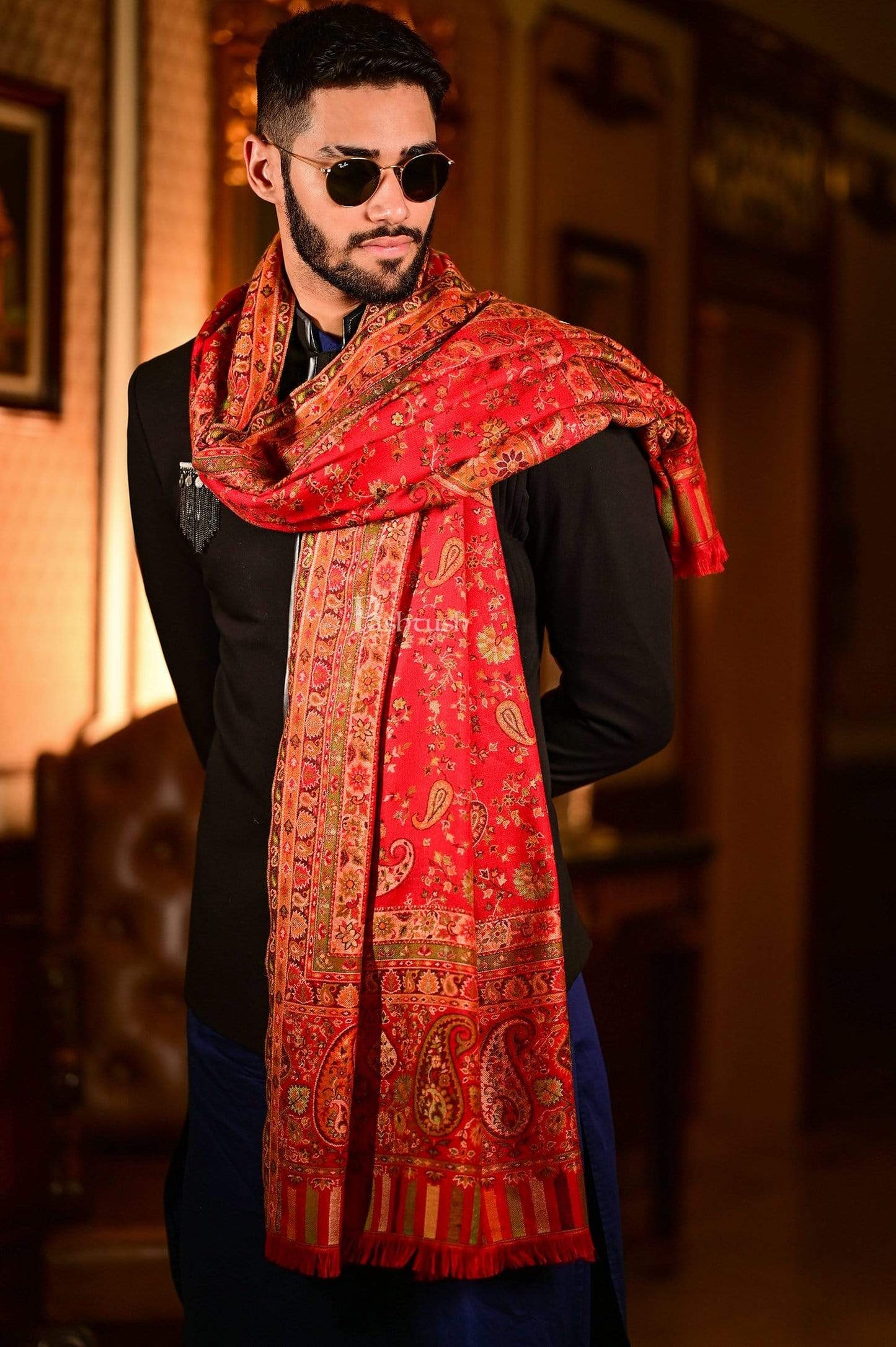 Pashtush India 100x200 Pashtush Mens Faux Pashmina Woven Design Ethnic Shawl, Red