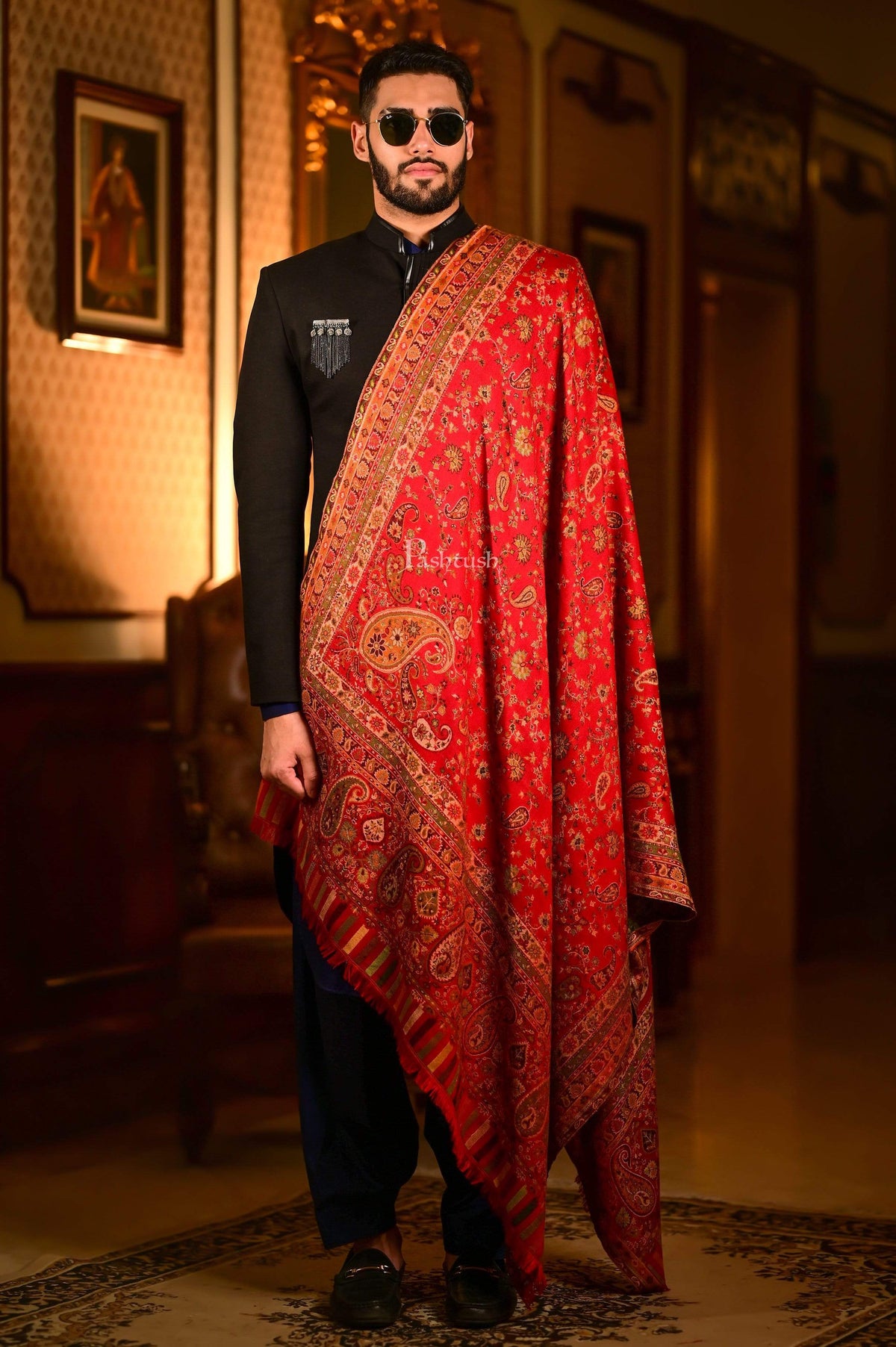 Pashtush India 100x200 Pashtush Mens Faux Pashmina Woven Design Ethnic Shawl, Red