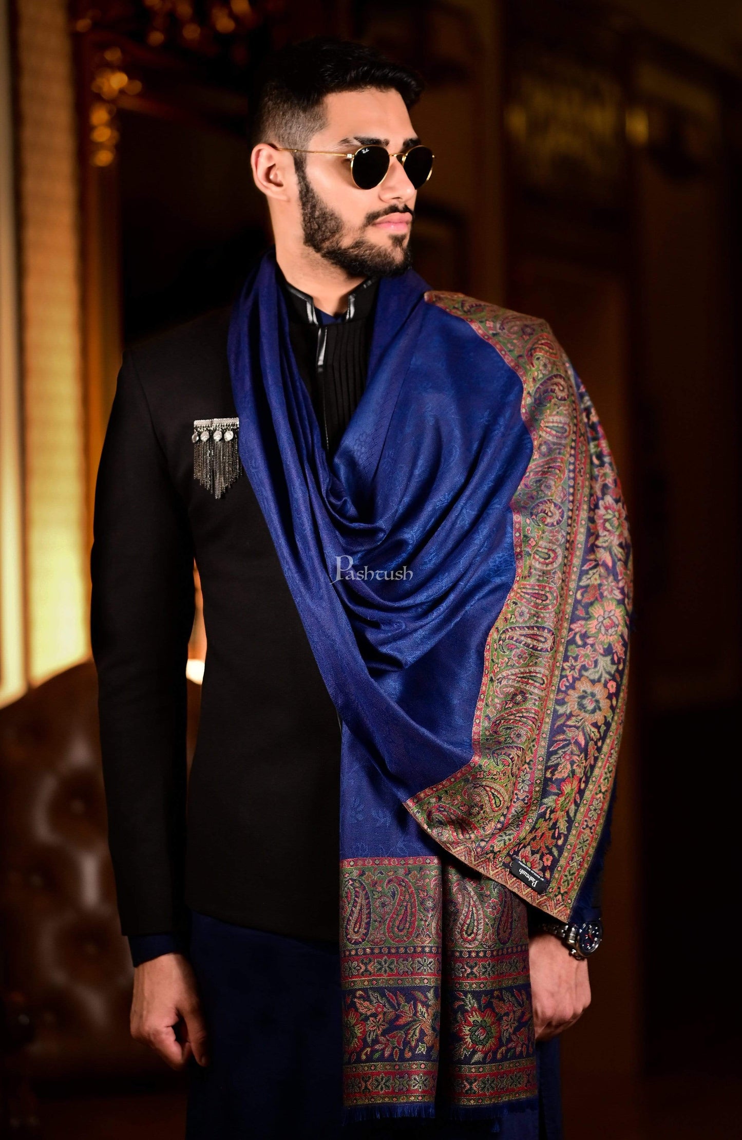 Pashtush India 70x200 Pashtush Mens Fine Bamboo Jacquard Scarf, Reversible, Navy Blue