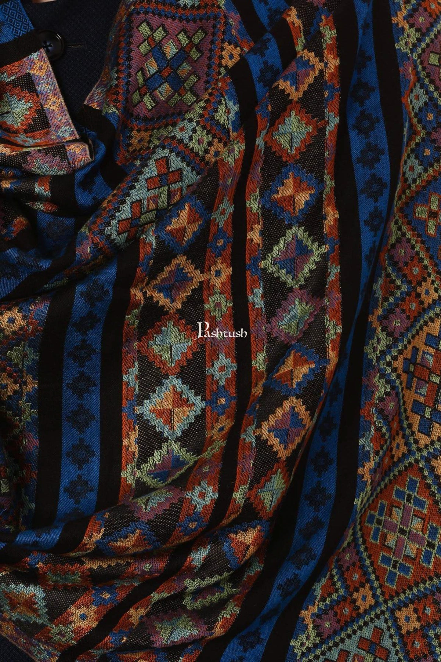 Pashtush India Mens Scarves Stoles and Mufflers Pashtush Mens Fine Bamboo Soft Aztec Ethnic Stole - Blue