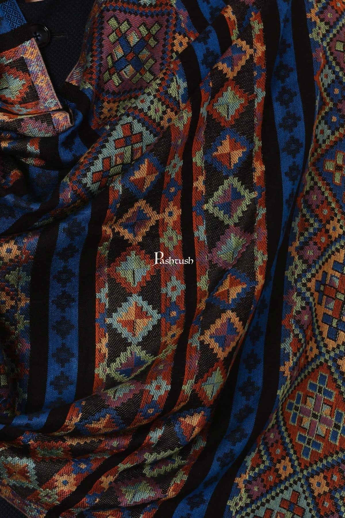 Pashtush India Mens Scarves Stoles and Mufflers Pashtush Mens Fine Bamboo Soft Aztec Ethnic Stole - Blue