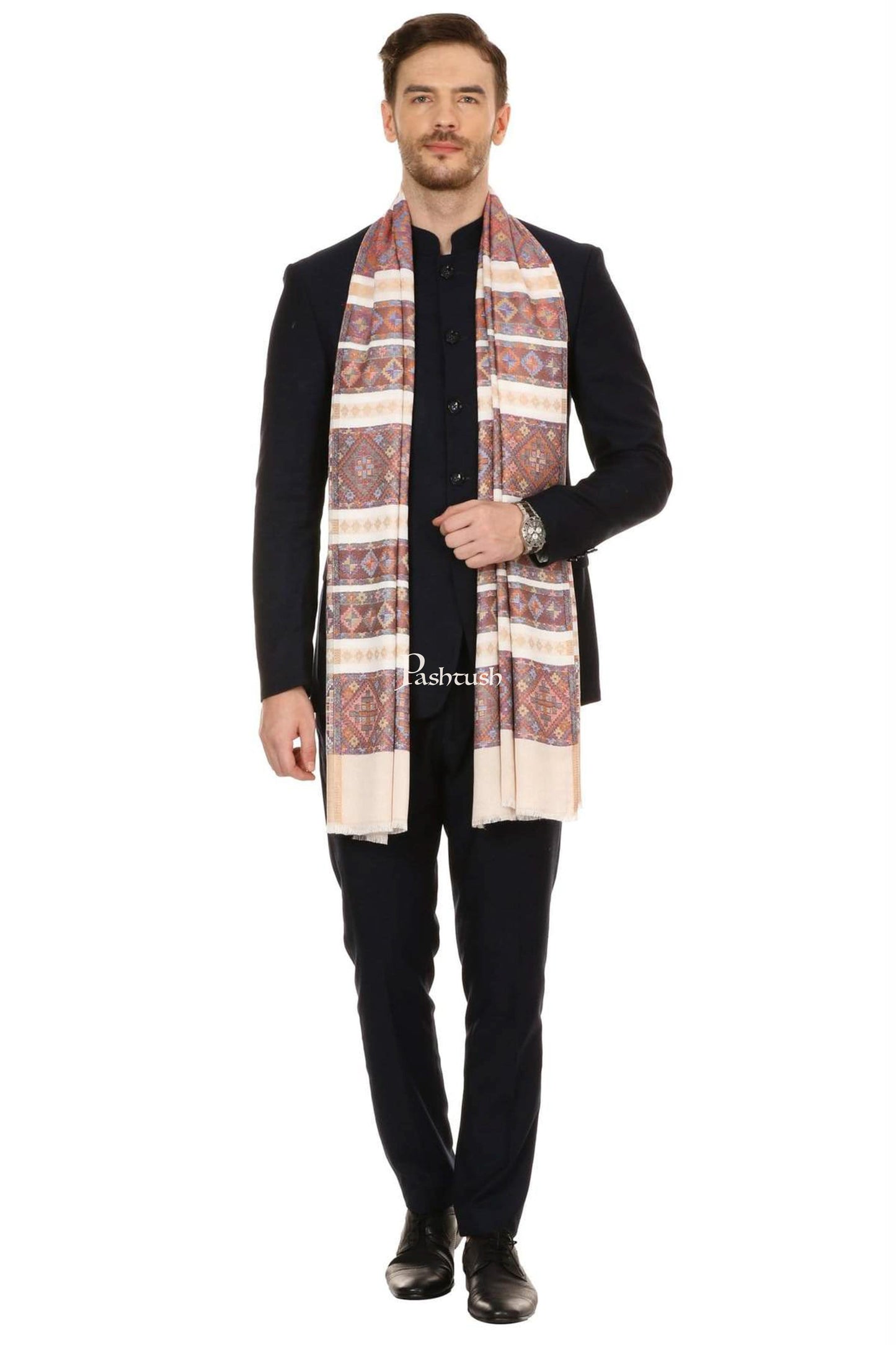 Pashtush India Mens Scarves Stoles and Mufflers Pashtush Mens Fine Bamboo Soft Ethnic Stole - Beige
