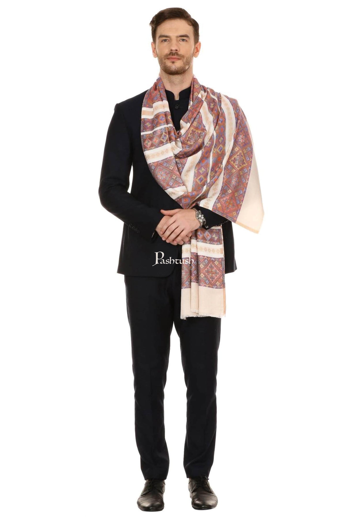 Pashtush India Mens Scarves Stoles and Mufflers Pashtush Mens Fine Bamboo Soft Ethnic Stole - Beige