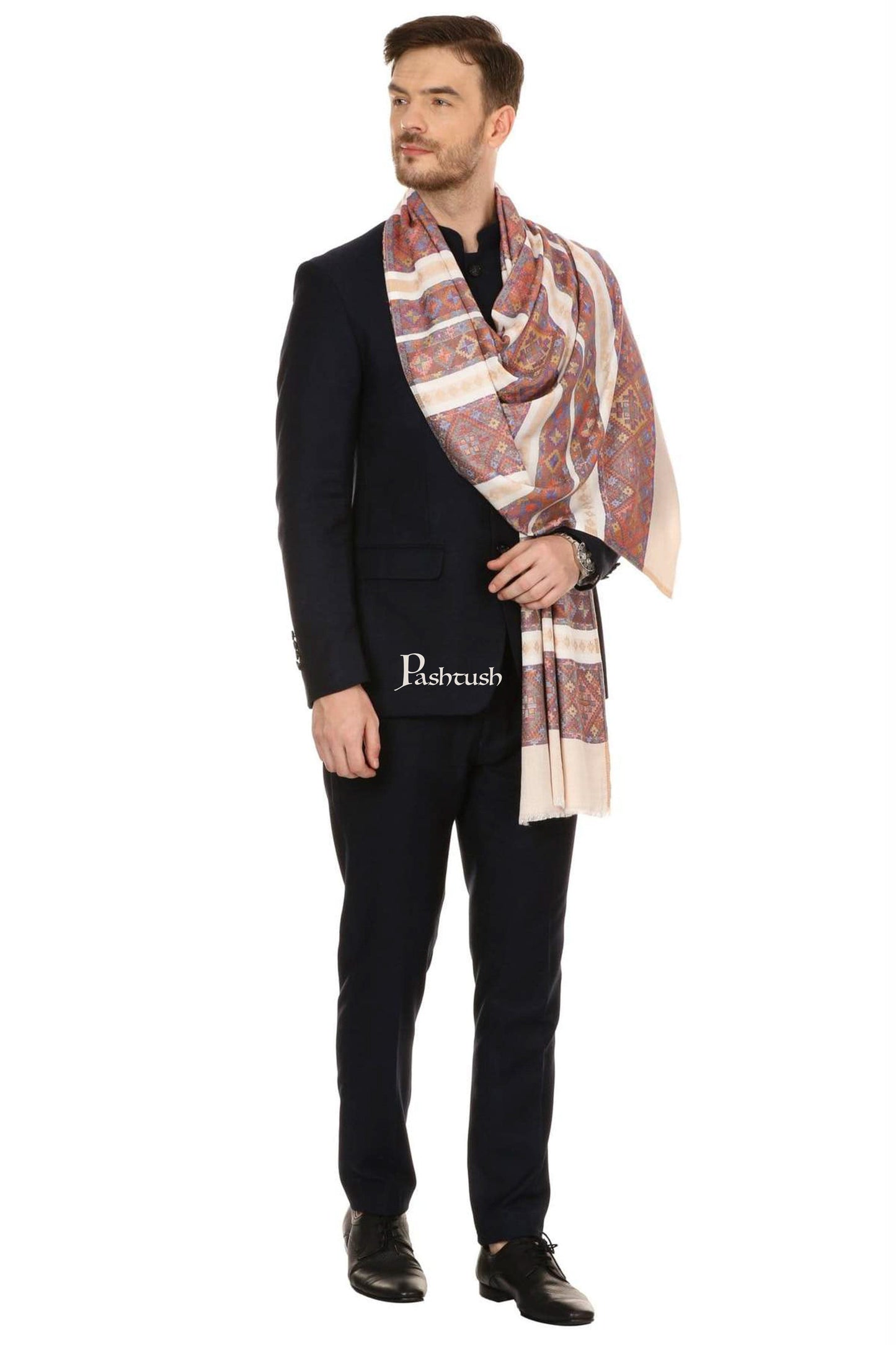 Pashtush India Mens Scarves Stoles and Mufflers Pashtush Mens Fine Bamboo Soft Ethnic Stole - Beige