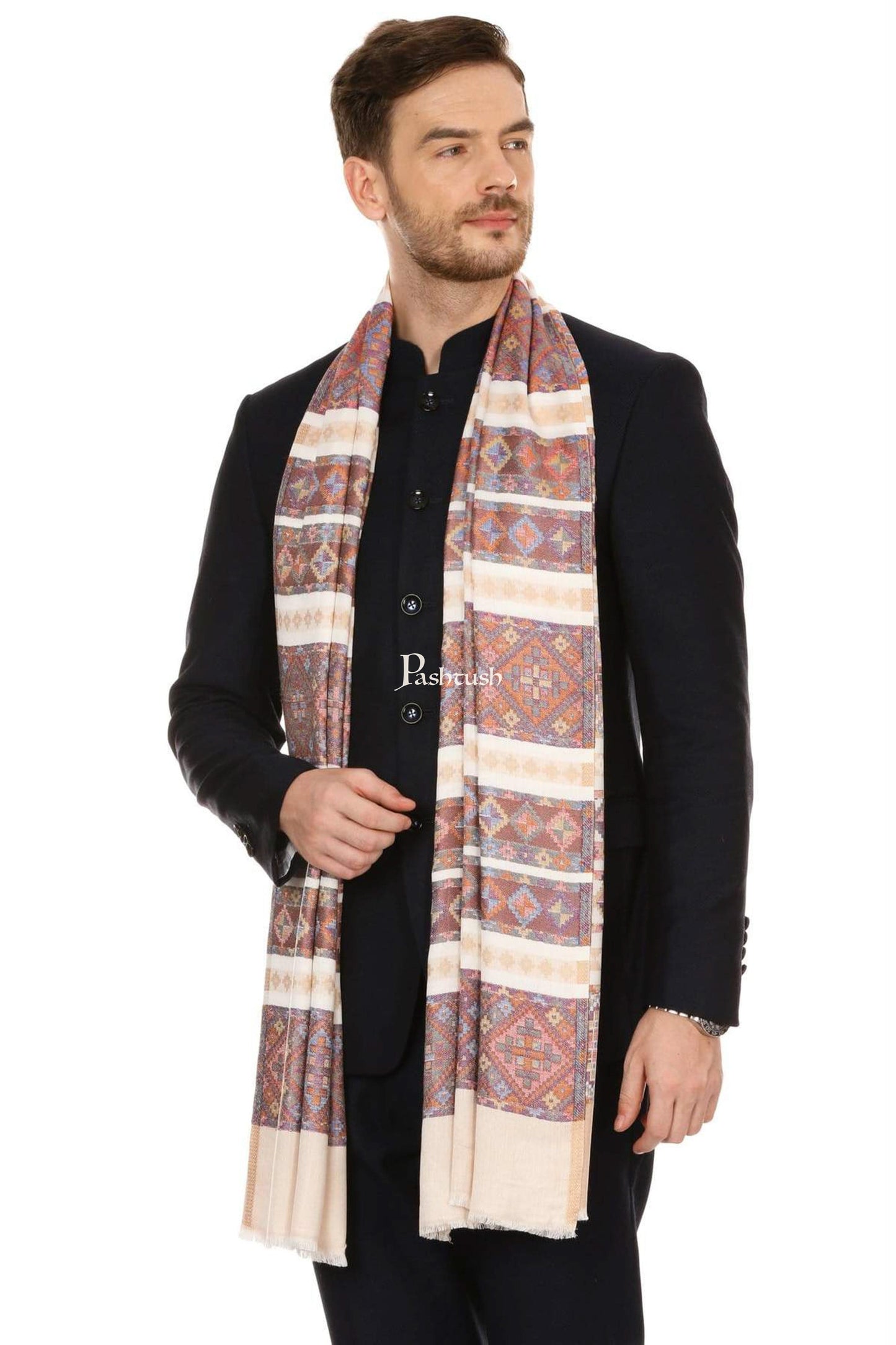 Pashtush India Mens Scarves Stoles and Mufflers Pashtush Mens Fine Bamboo Soft Ethnic Stole - Beige