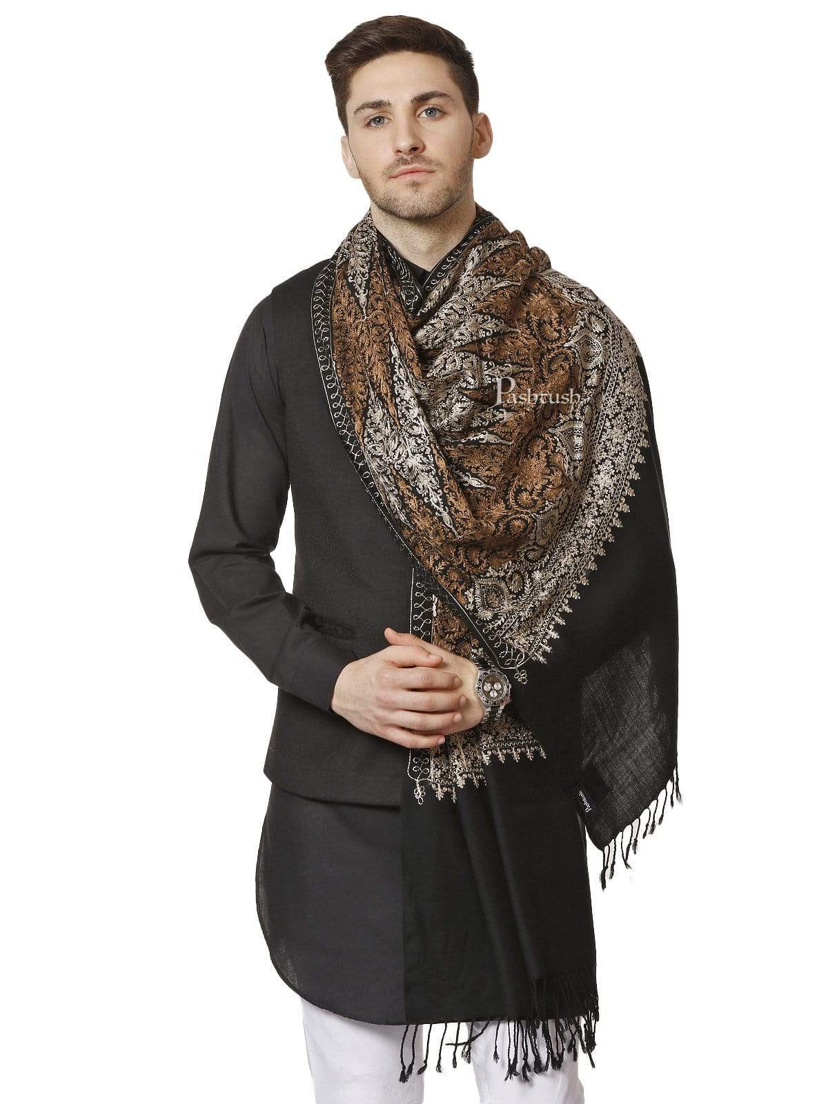 Pashtush India 70x200 Pashtush Mens Fine Kashmiri Embroidery Stole, Black