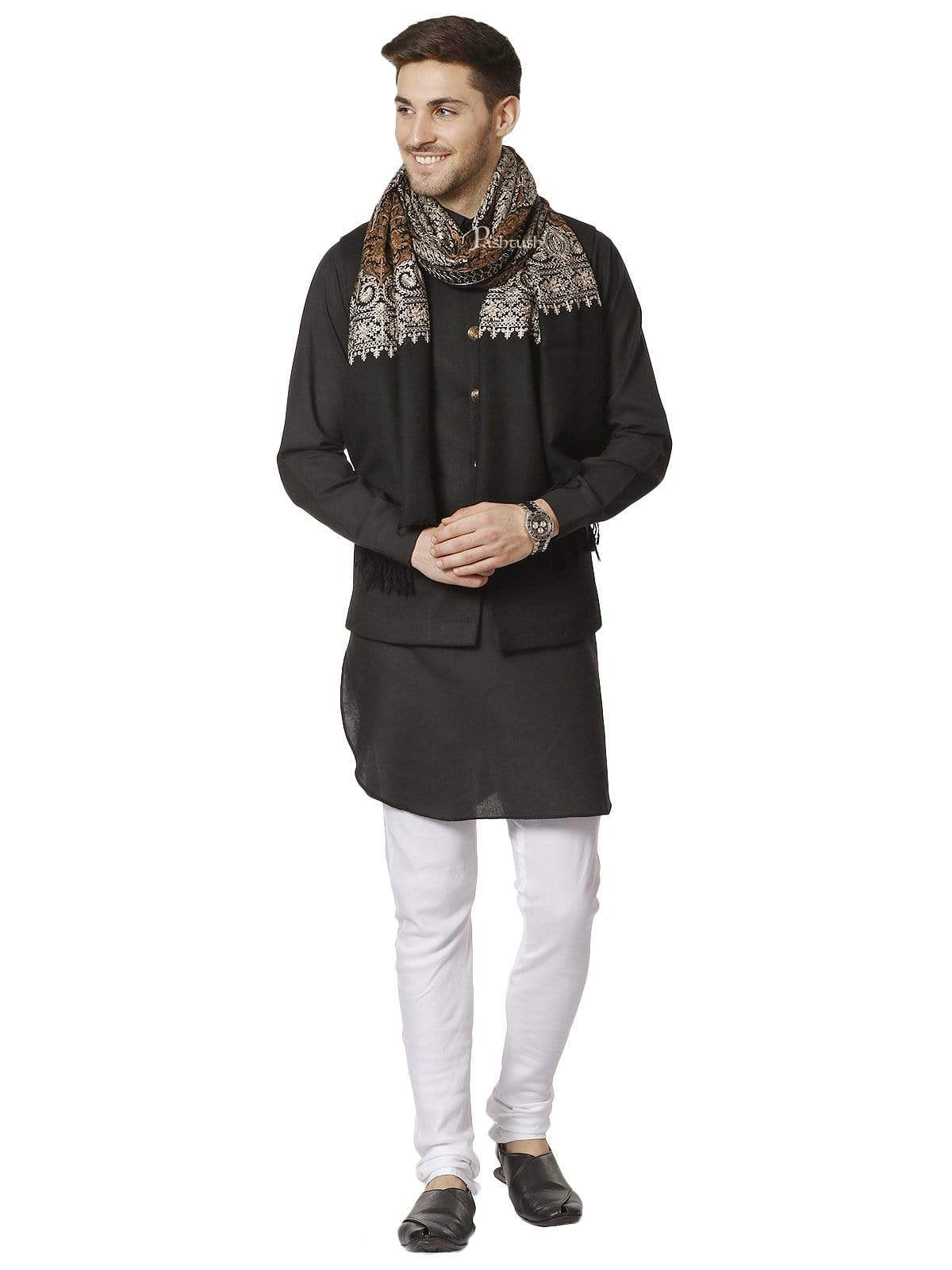 Pashtush India 70x200 Pashtush Mens Fine Kashmiri Embroidery Stole, Black