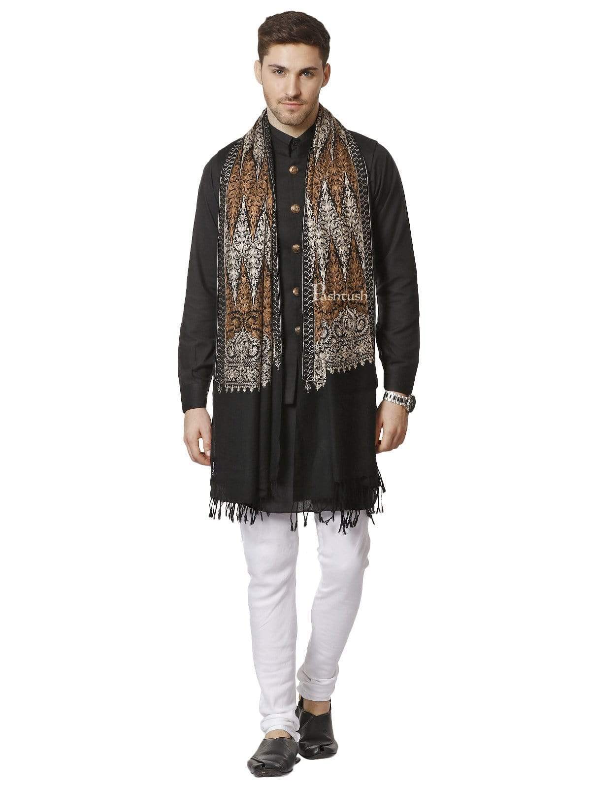 Pashtush India 70x200 Pashtush Mens Fine Kashmiri Embroidery Stole, Black