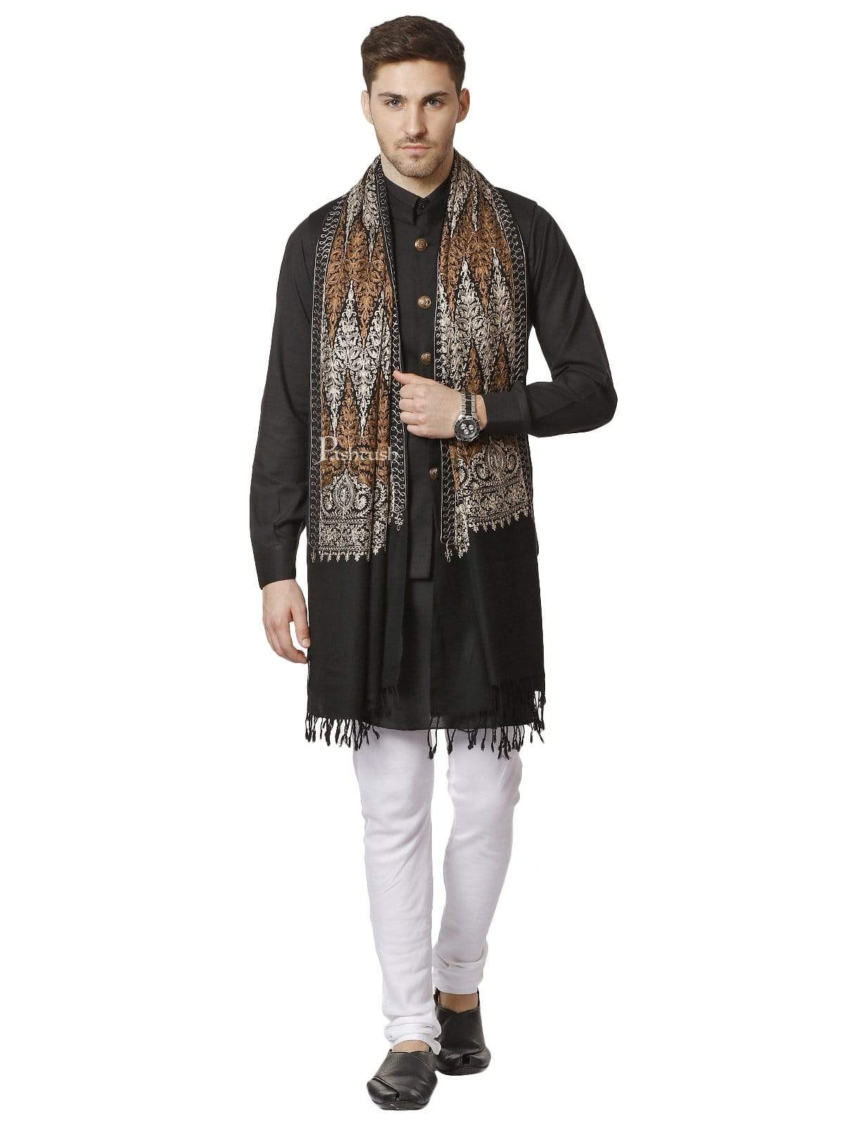 Pashtush India 70x200 Pashtush Mens Fine Kashmiri Embroidery Stole, Black