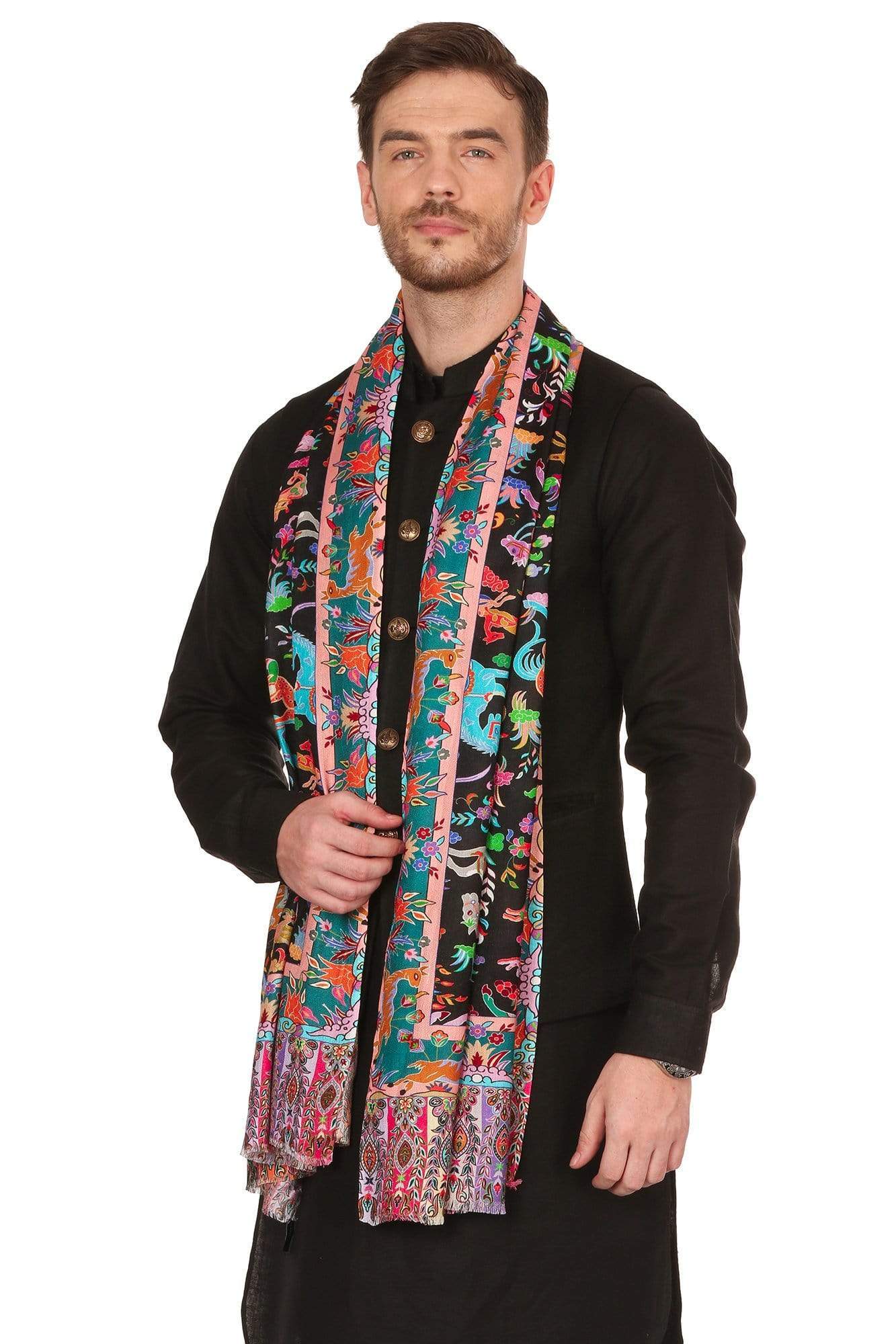 Pashtush India 70x200 Pashtush Mens fine Soft Bamboo Stole, Shikaardar Design - Black