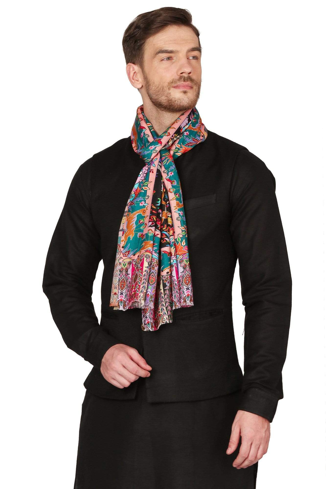 Pashtush India 70x200 Pashtush Mens fine Soft Bamboo Stole, Shikaardar Design - Black