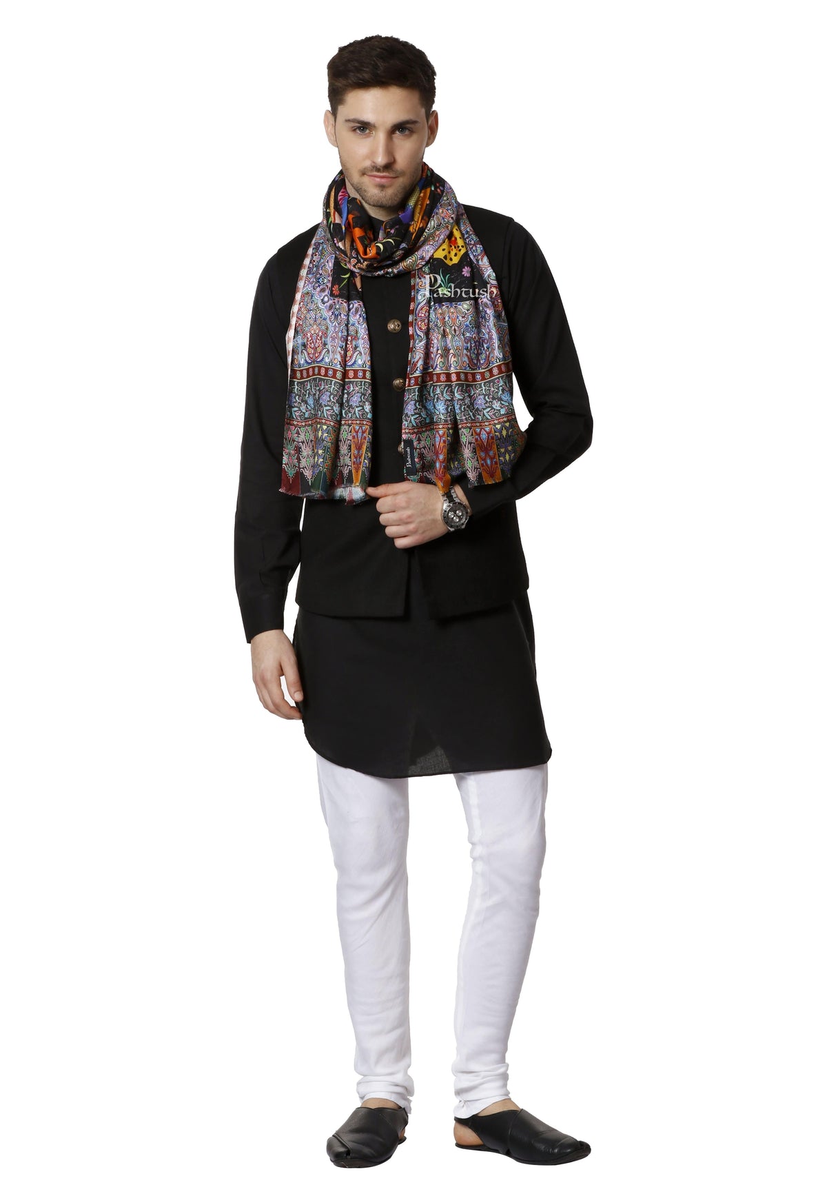 Pashtush India 70x200 PASHTUSH MENS FINE SOFT BAMBOO STOLE, SHIKAARDAR DESIGN - BLACK