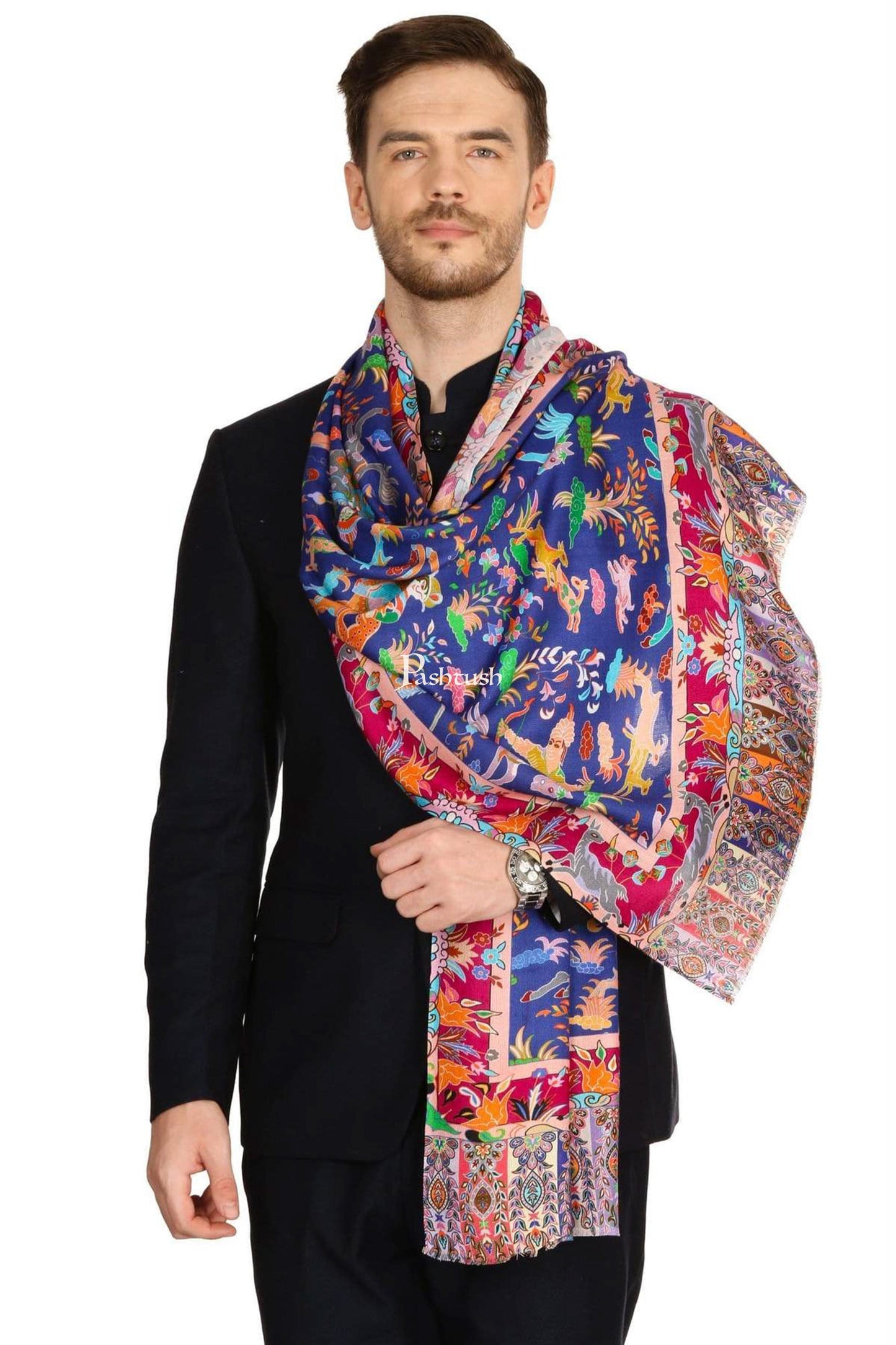 Pashtush India Mens Scarves Stoles and Mufflers Pashtush Mens Fine Soft Ethnic Stole - Blue